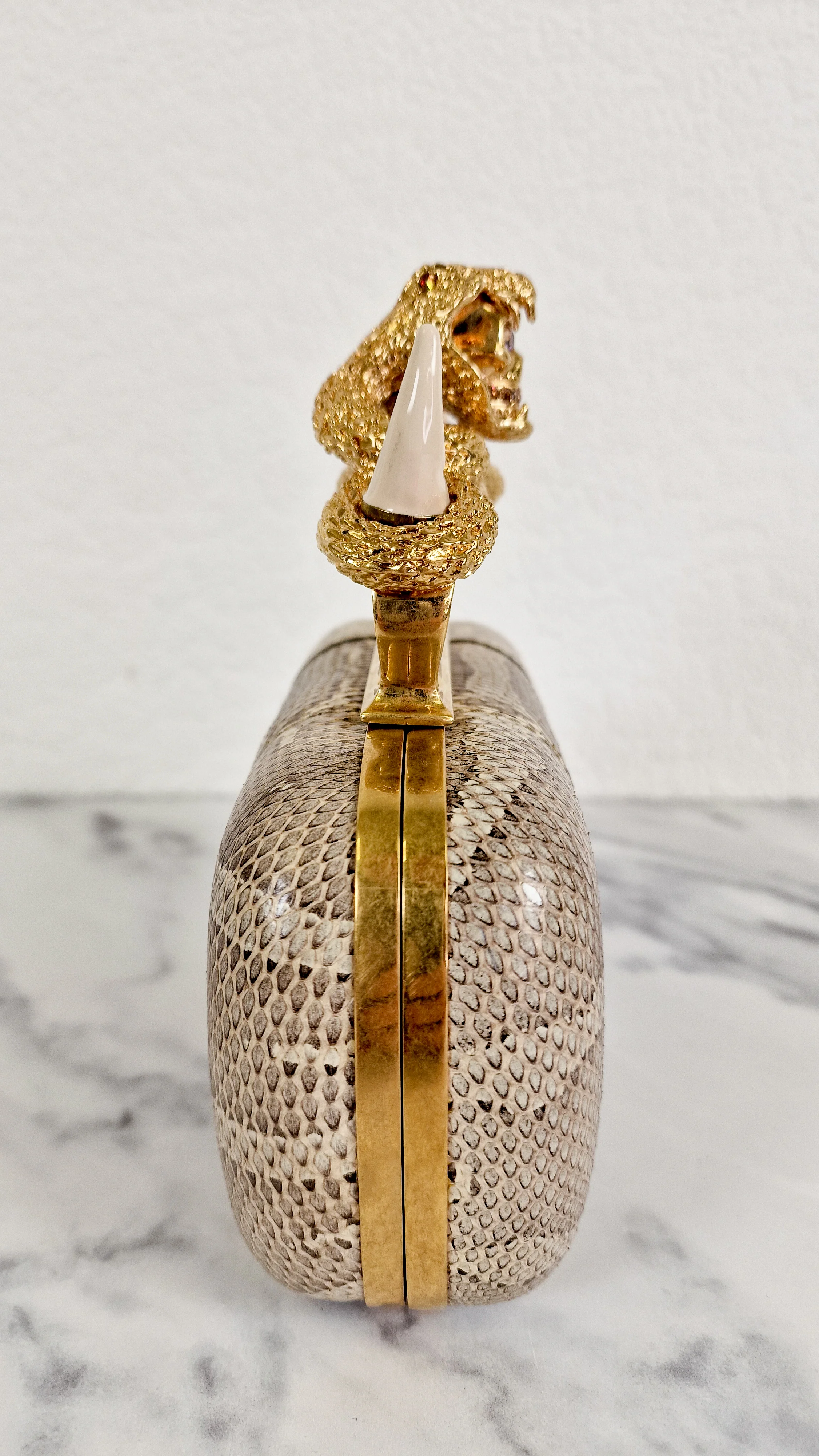 RARE Alexander McQueen Skull Knuckle Box Clutch in Ayers Snakeskin with Gold Serpent & Horns - 287073 000926 - Image 3