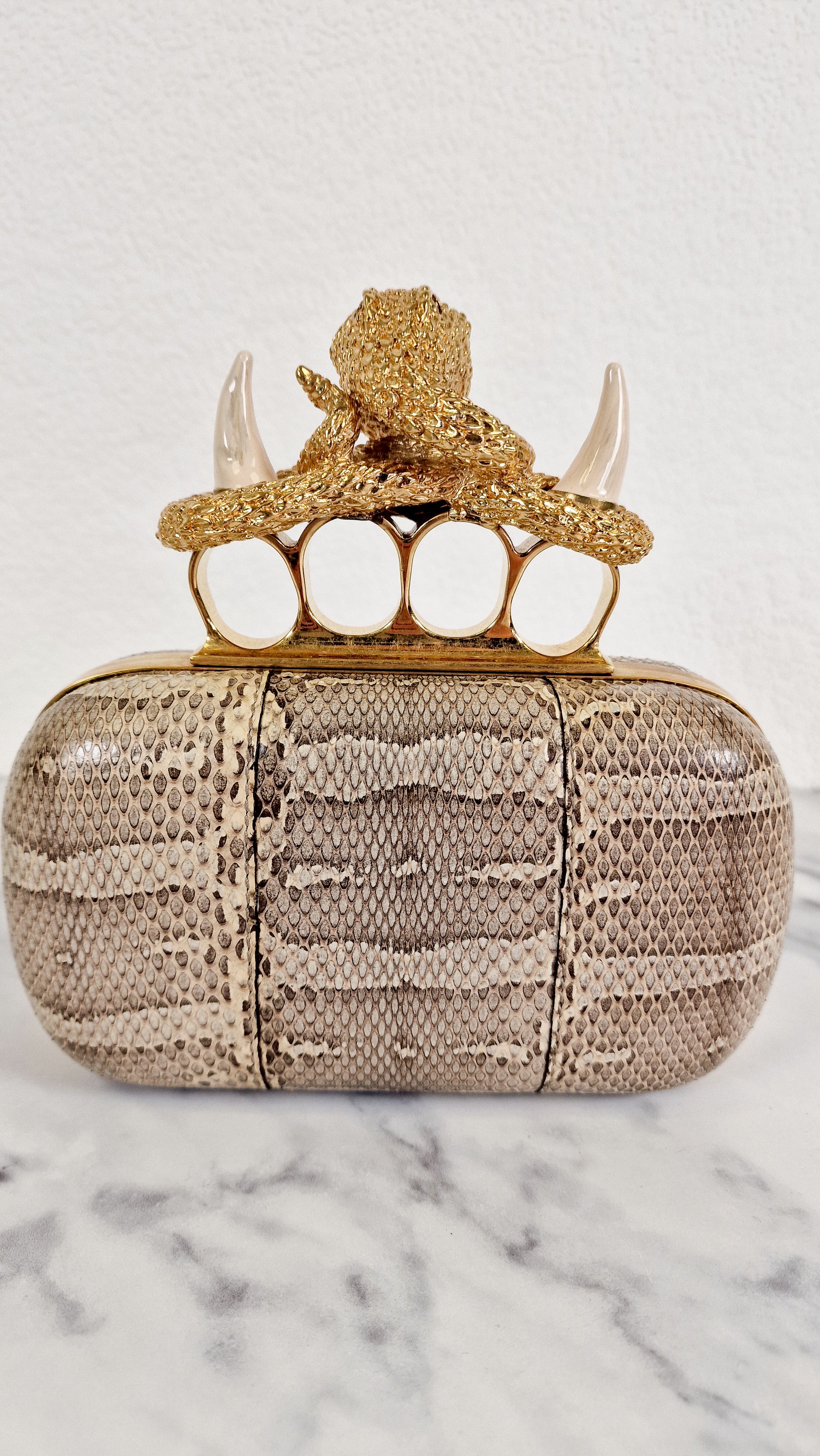 RARE Alexander McQueen Skull Knuckle Box Clutch in Ayers Snakeskin with Gold Serpent & Horns - 287073 000926 - Image 4