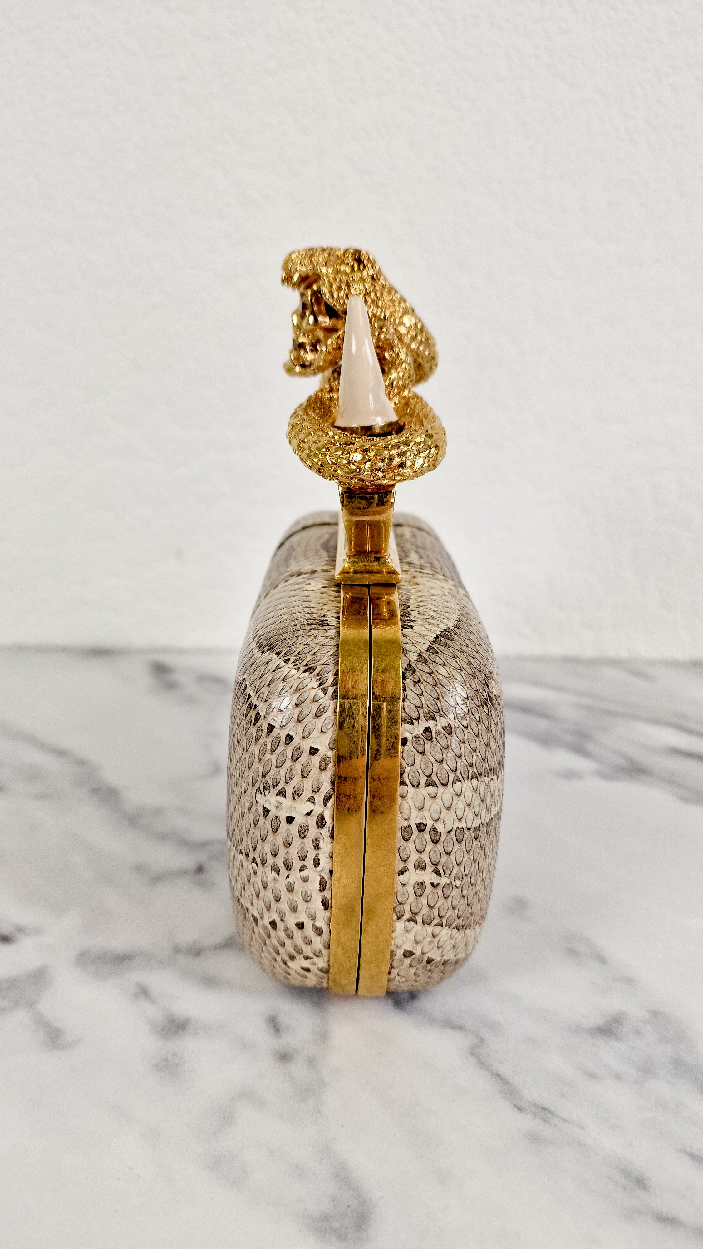 RARE Alexander McQueen Skull Knuckle Box Clutch in Ayers Snakeskin with Gold Serpent & Horns - 287073 000926 - Image 5