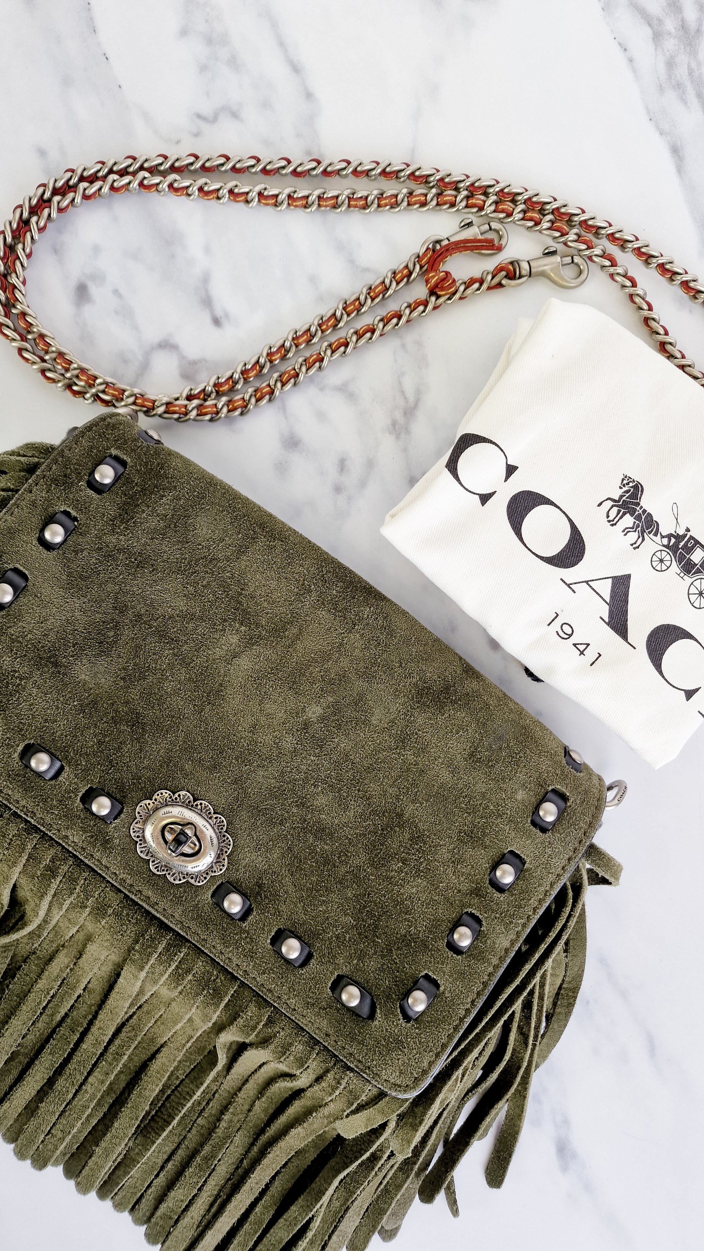 Coach 1941 Dinky in Fern Green Cervo Suede with Fringe & Light Antique Nickel Concho Turnlock - Crossbody Bag Shoulder Bag - Coach 86821 - Image 14