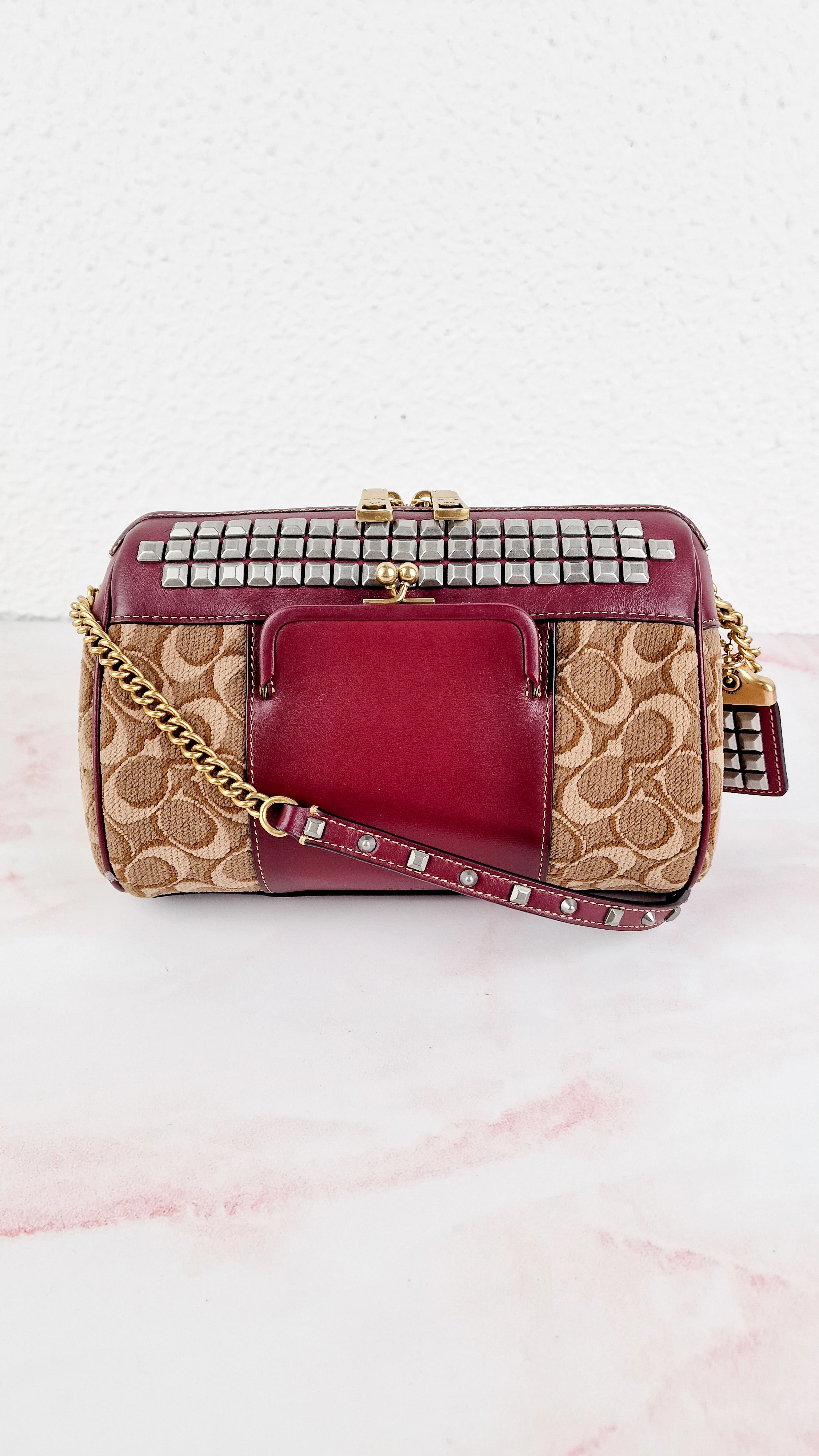 Coach Joni Crossbody in Signature Jacquard & Burgundy Leather with Pyramid Rivets Bag - Coach 48205