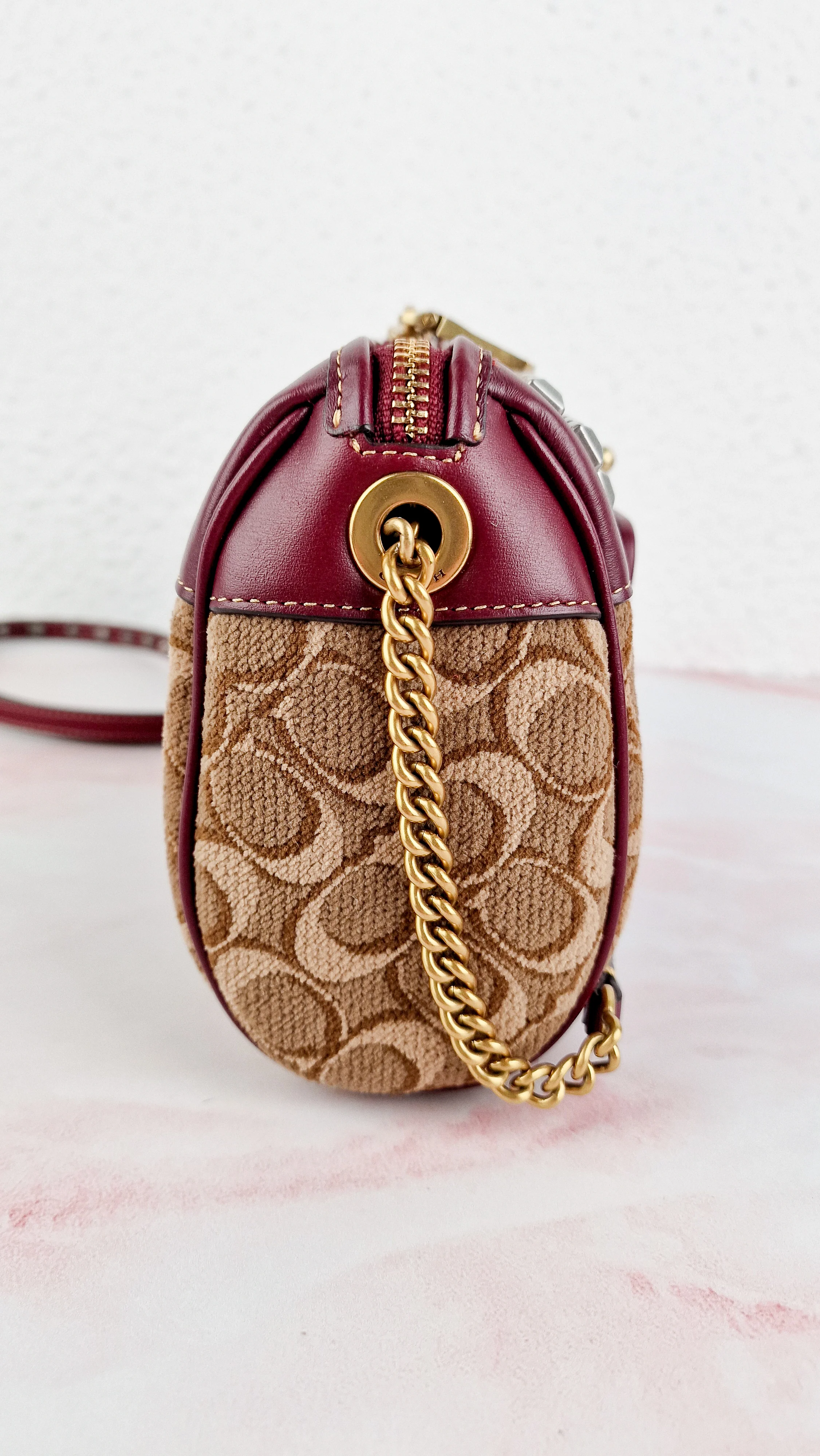 Coach Joni Crossbody in Signature Jacquard & Burgundy Leather with Pyramid Rivets Bag - Coach 48205 - Image 12