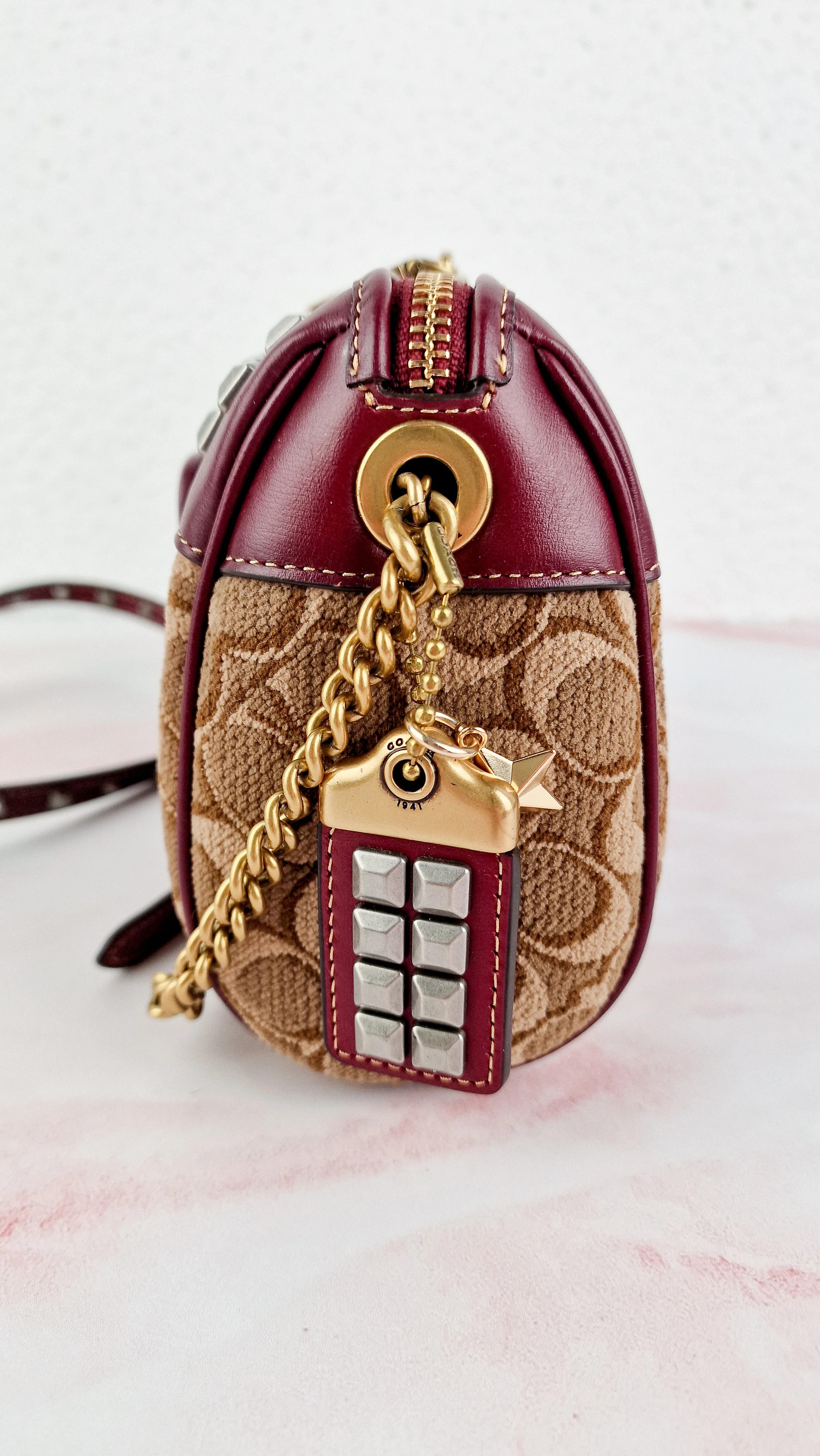 Coach Joni Crossbody in Signature Jacquard & Burgundy Leather with Pyramid Rivets Bag - Coach 48205 - Image 18