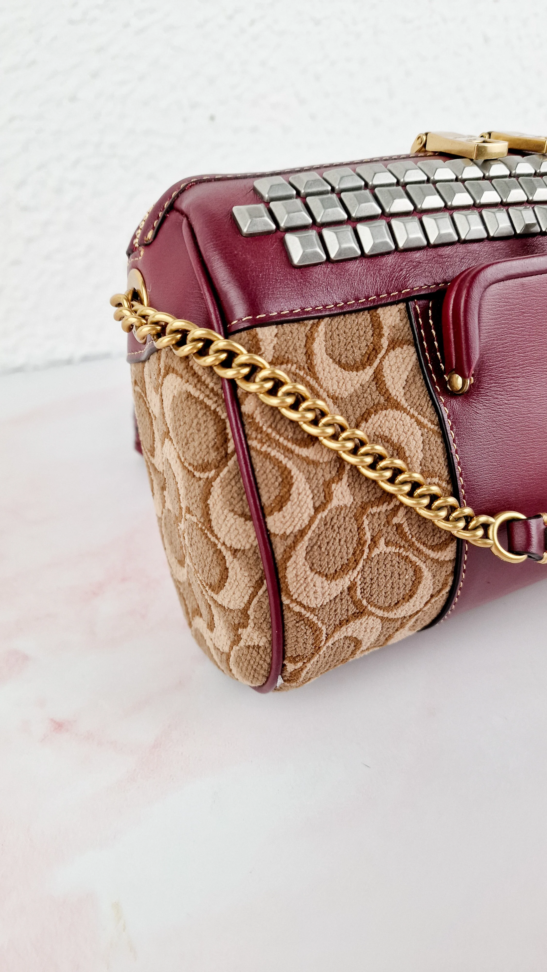 Coach Joni Crossbody in Signature Jacquard & Burgundy Leather with Pyramid Rivets Bag - Coach 48205 - Image 8