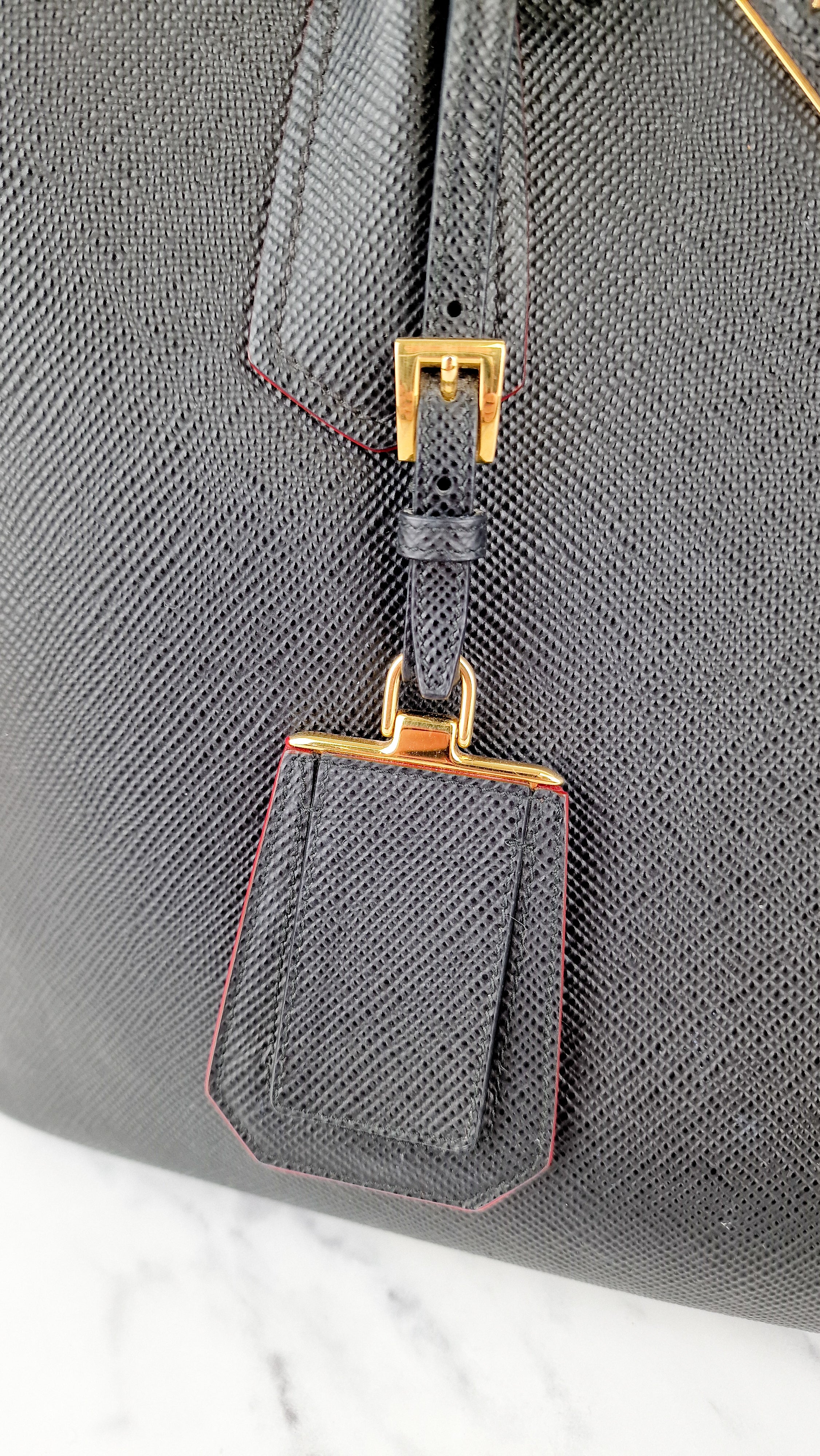 Large Medium Prada Double Tote Saffiano Cuir Black with Fiery Red Nappa Leather Lining Handbag - Image 13
