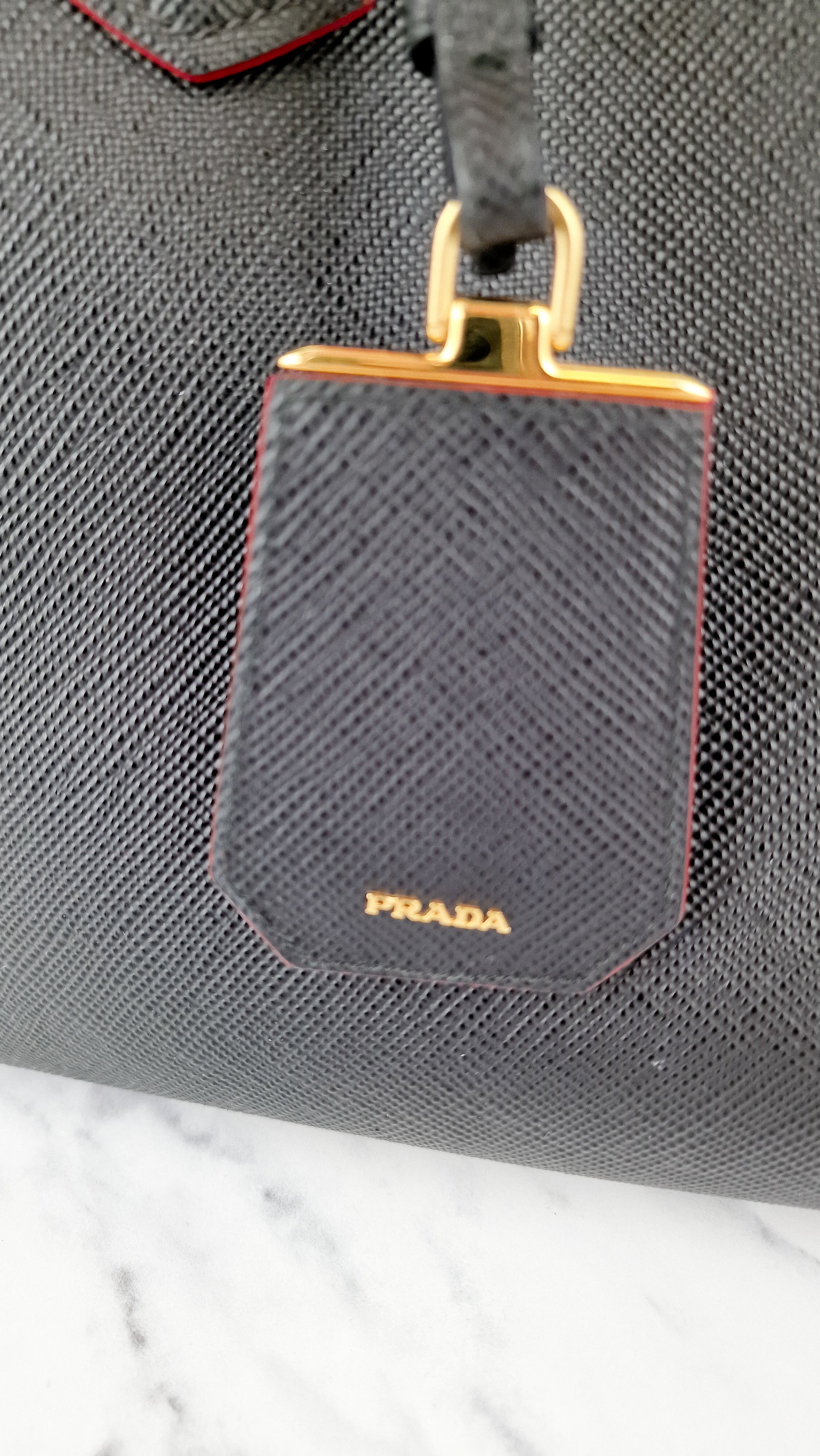 Large Medium Prada Double Tote Saffiano Cuir Black with Fiery Red Nappa Leather Lining Handbag - Image 14