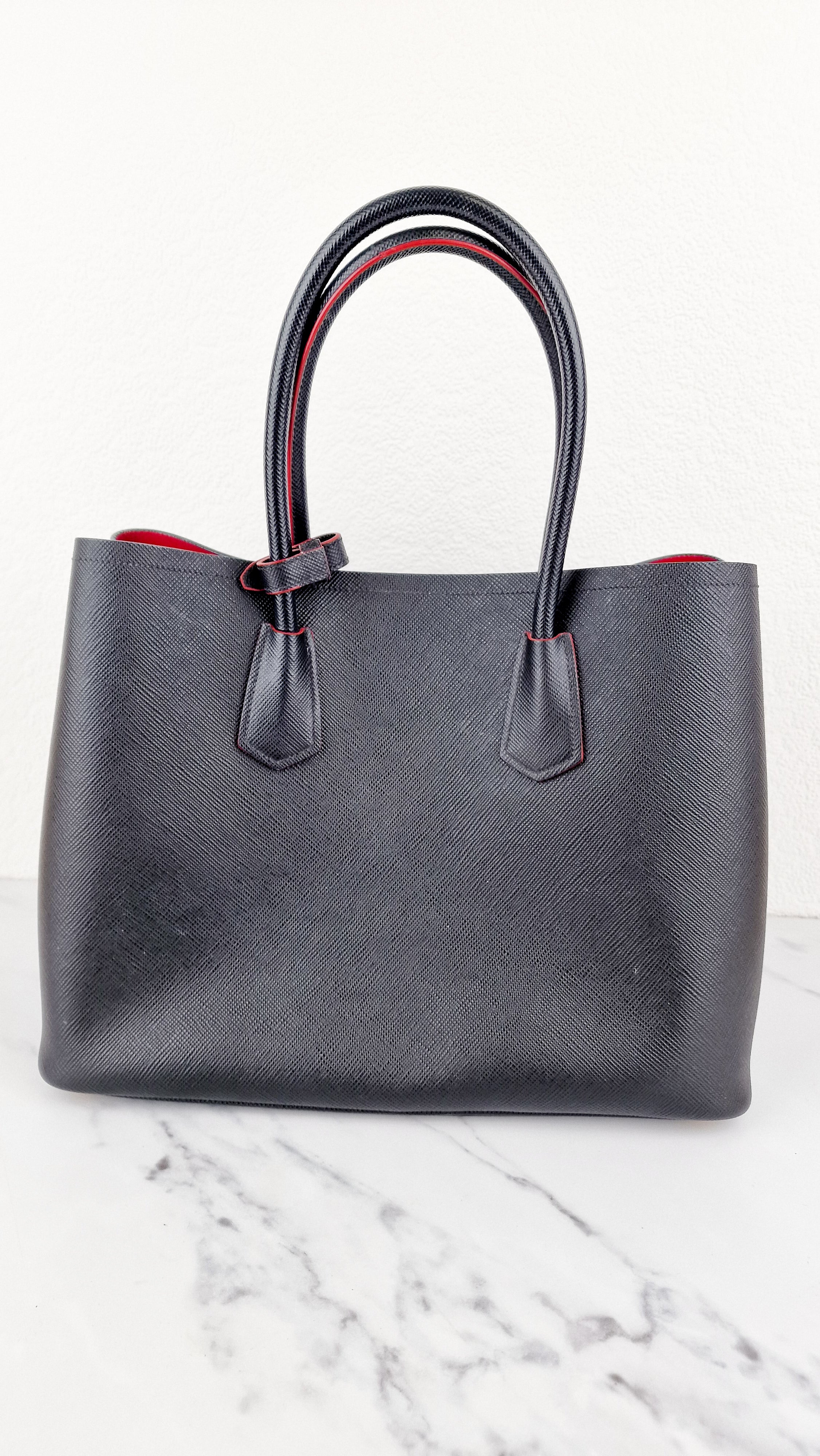 Large Medium Prada Double Tote Saffiano Cuir Black with Fiery Red Nappa Leather Lining Handbag - Image 23
