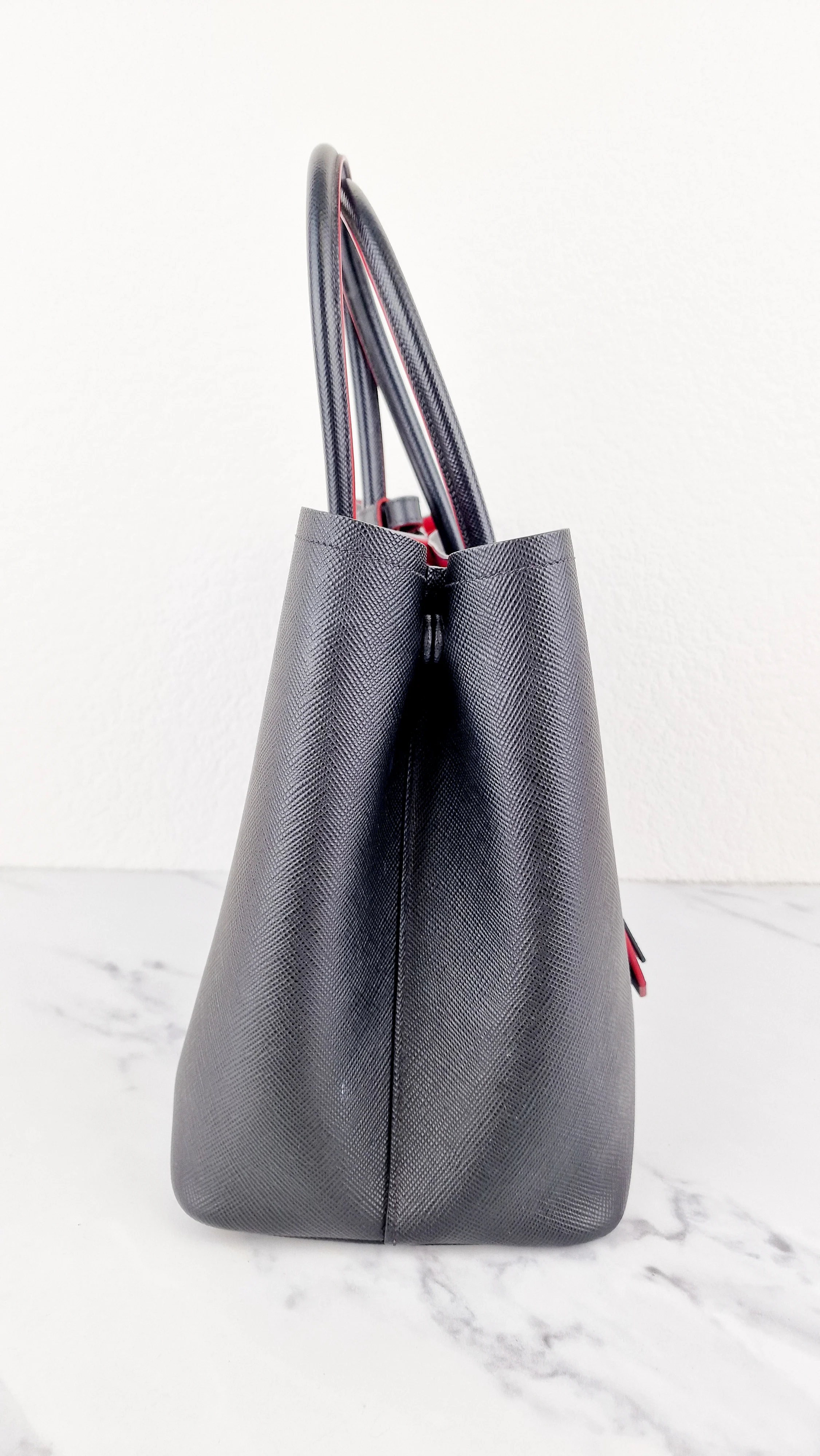 Large Medium Prada Double Tote Saffiano Cuir Black with Fiery Red Nappa Leather Lining Handbag - Image 6