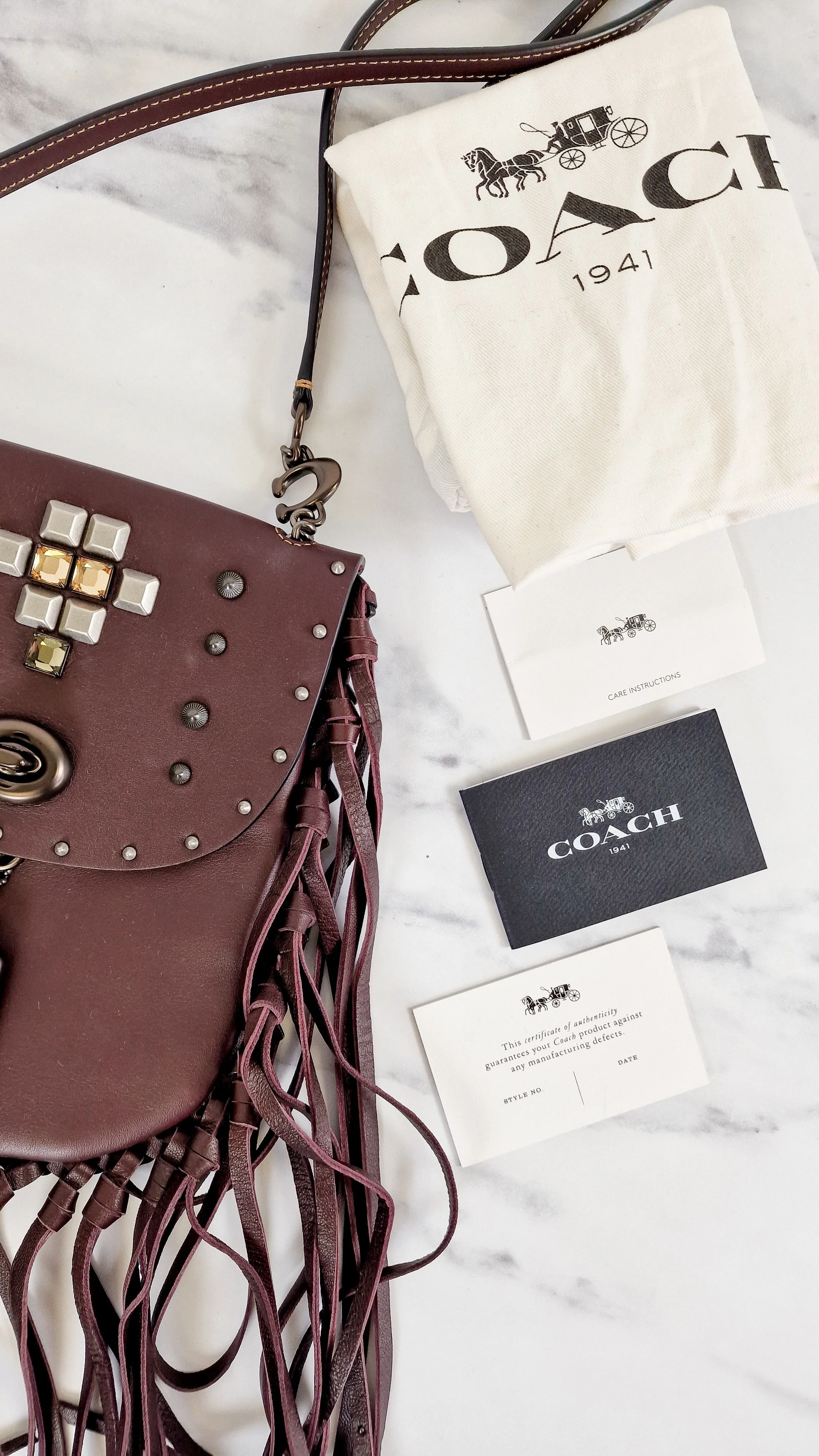 Coach 1941 Fringe Saddle Bag with Pyramid Rivets in Oxblood Smooth Leather & Ram Charm - Coach 48617 - Image 14
