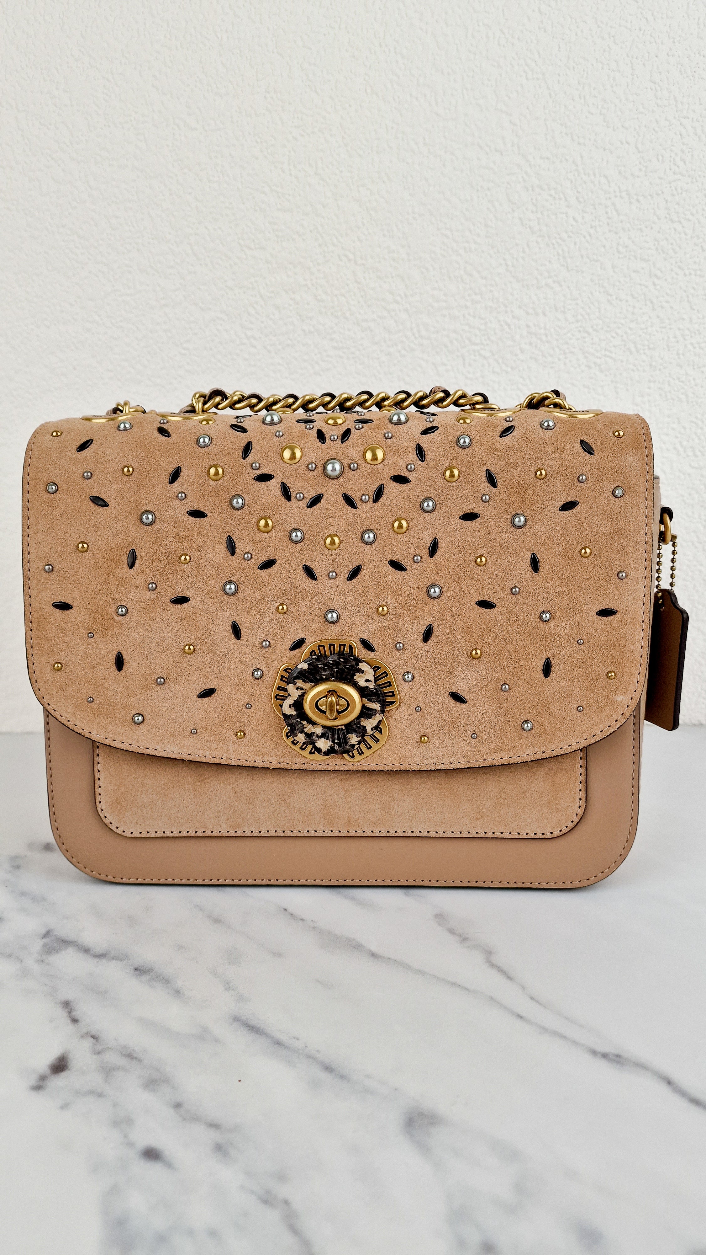 RARE Coach Madison Sample Bag in Tan Leather & Suede with Rivets & Snakeskin Tea Rose Turnlock - Shoulder Bag Crossbody