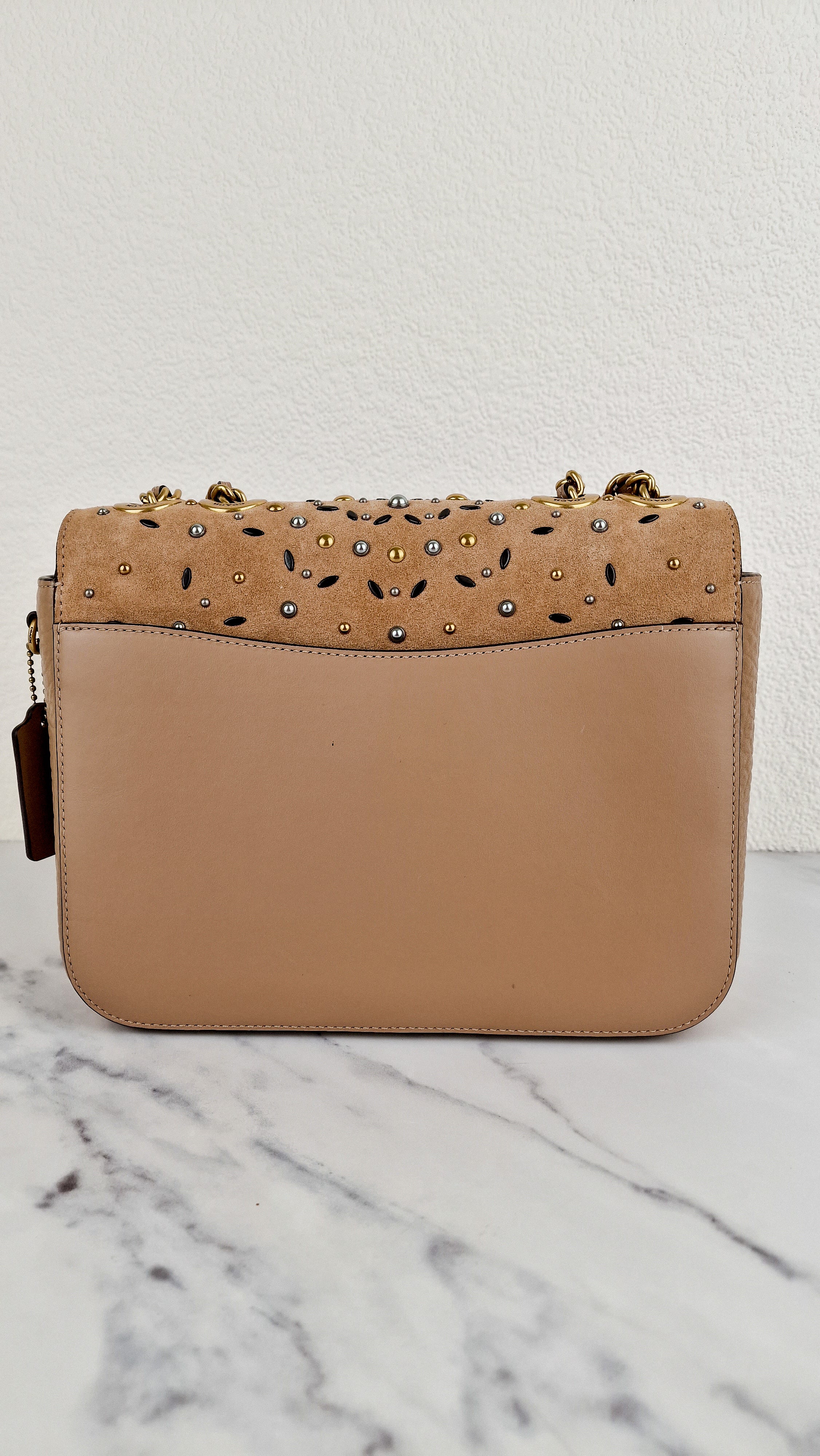 RARE Coach Madison Sample Bag in Tan Leather & Suede with Rivets & Snakeskin Tea Rose Turnlock - Shoulder Bag Crossbody - Image 10