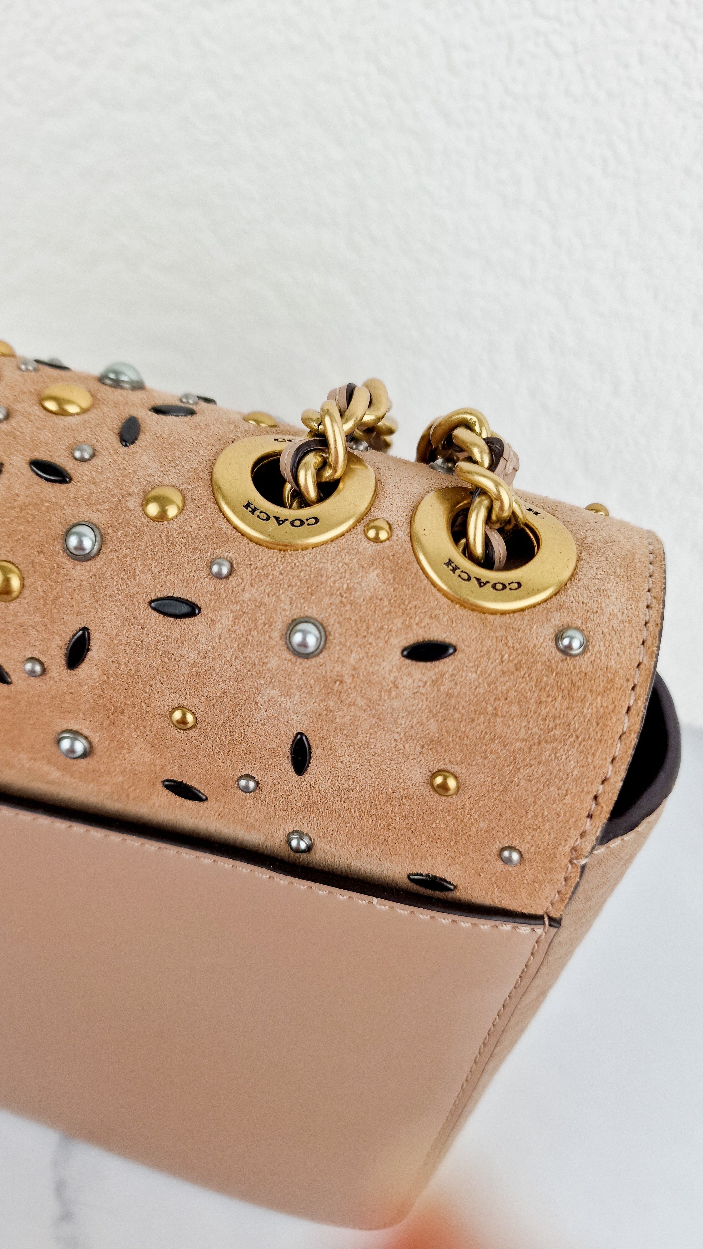 RARE Coach Madison Sample Bag in Tan Leather & Suede with Rivets & Snakeskin Tea Rose Turnlock - Shoulder Bag Crossbody - Image 12