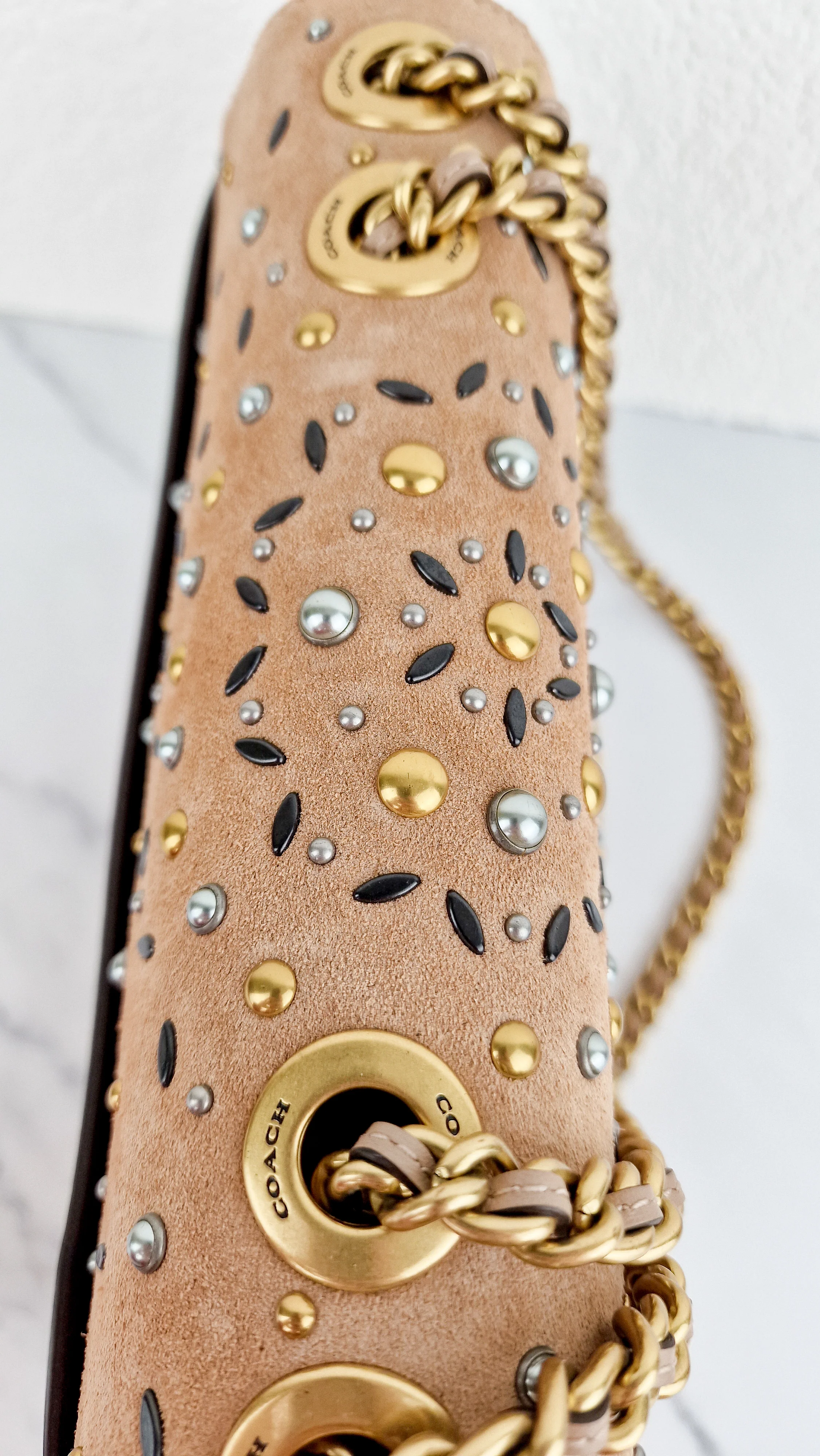 RARE Coach Madison Sample Bag in Tan Leather & Suede with Rivets & Snakeskin Tea Rose Turnlock - Shoulder Bag Crossbody - Image 13