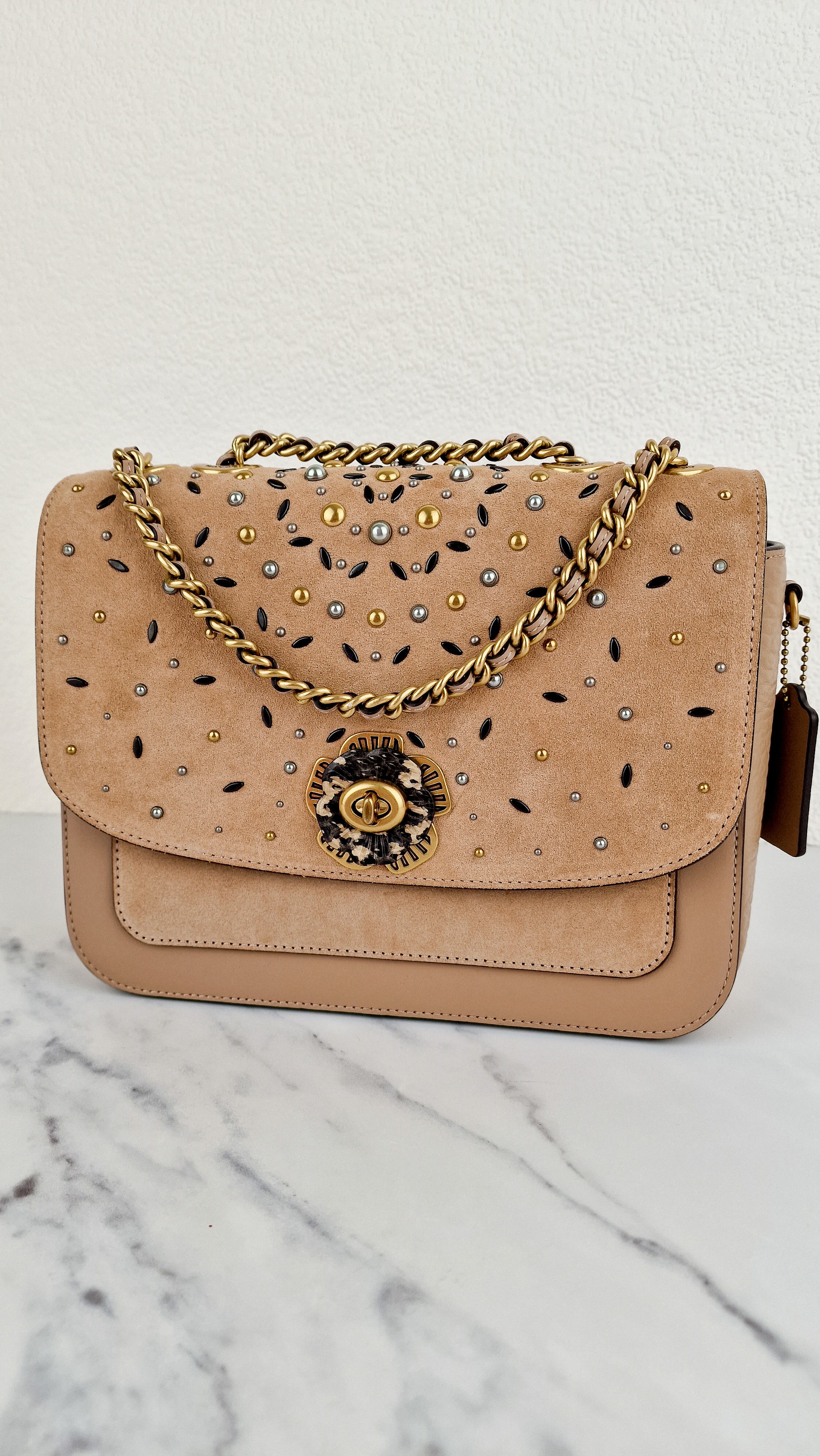 RARE Coach Madison Sample Bag in Tan Leather & Suede with Rivets & Snakeskin Tea Rose Turnlock - Shoulder Bag Crossbody - Image 5