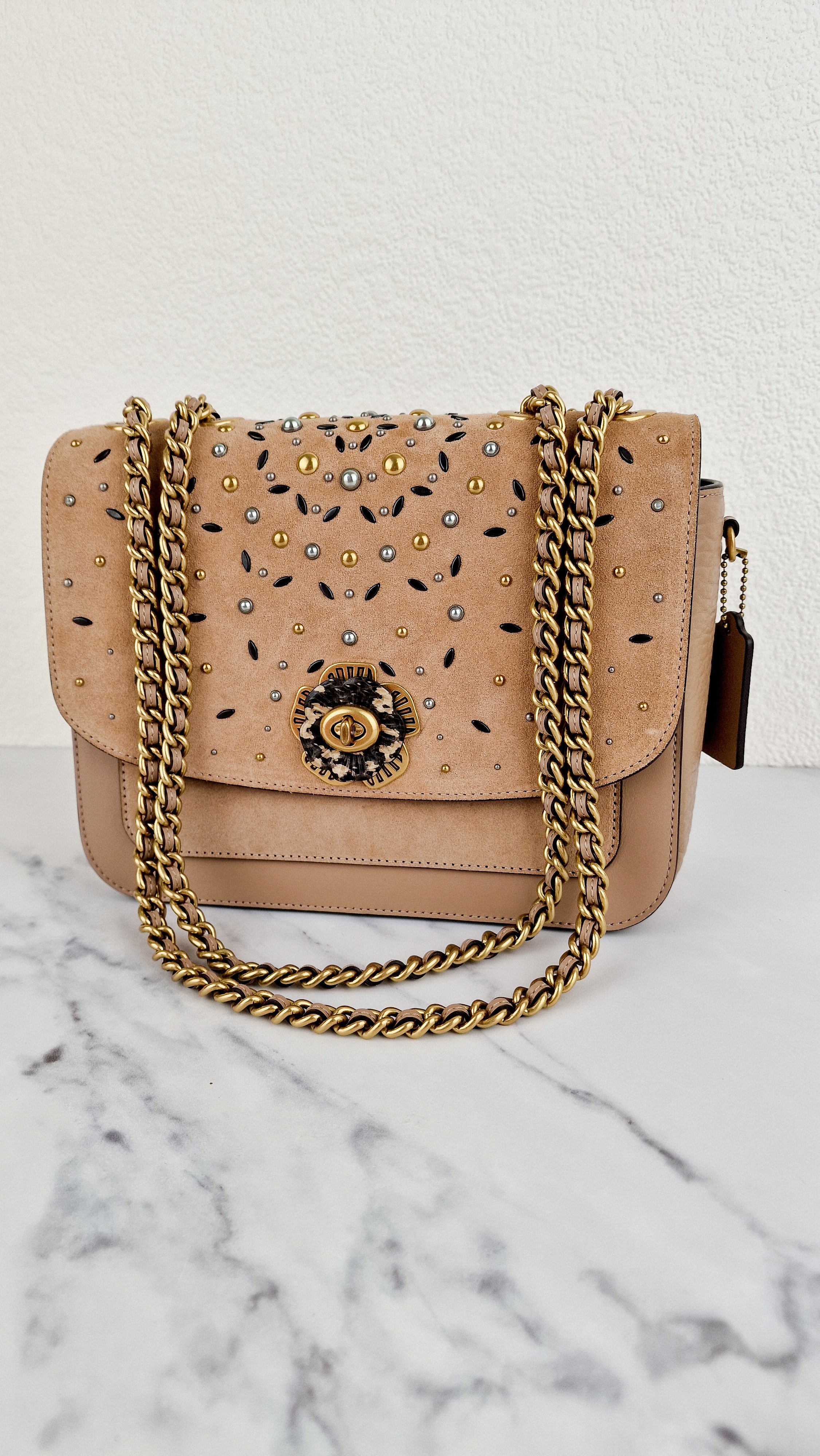 RARE Coach Madison Sample Bag in Tan Leather & Suede with Rivets & Snakeskin Tea Rose Turnlock - Shoulder Bag Crossbody - Image 6