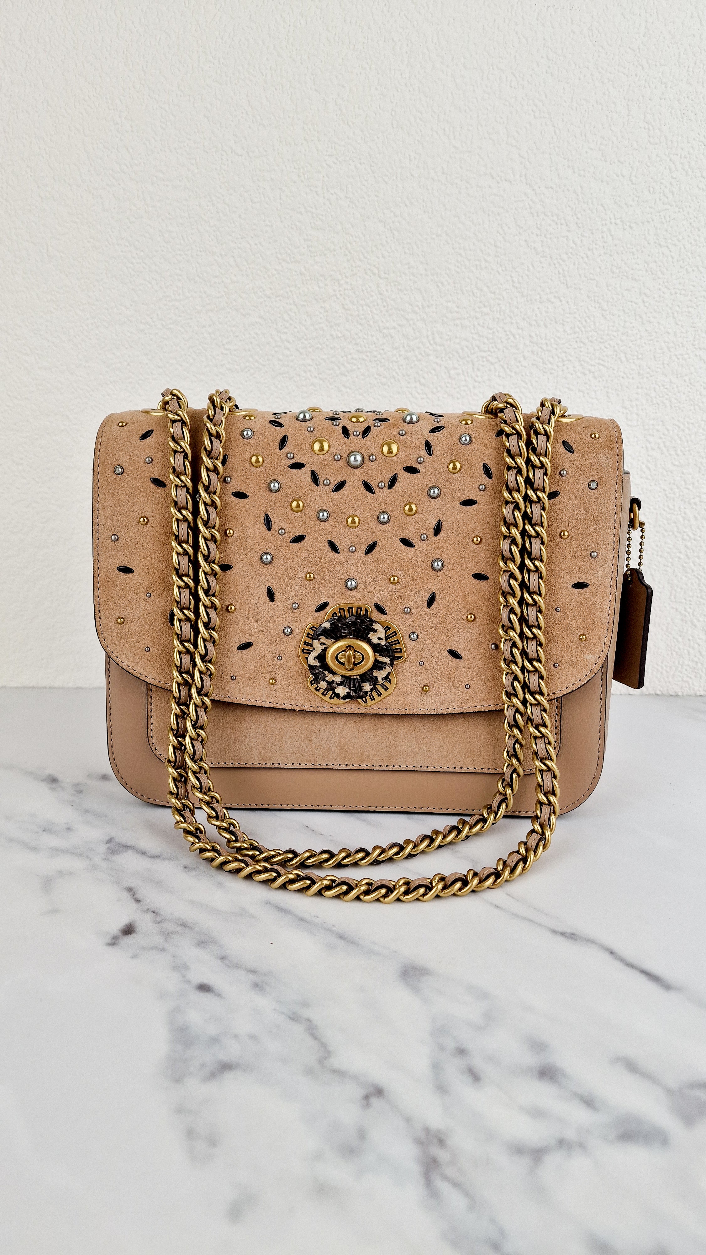 RARE Coach Madison Sample Bag in Tan Leather & Suede with Rivets & Snakeskin Tea Rose Turnlock - Shoulder Bag Crossbody - Image 7