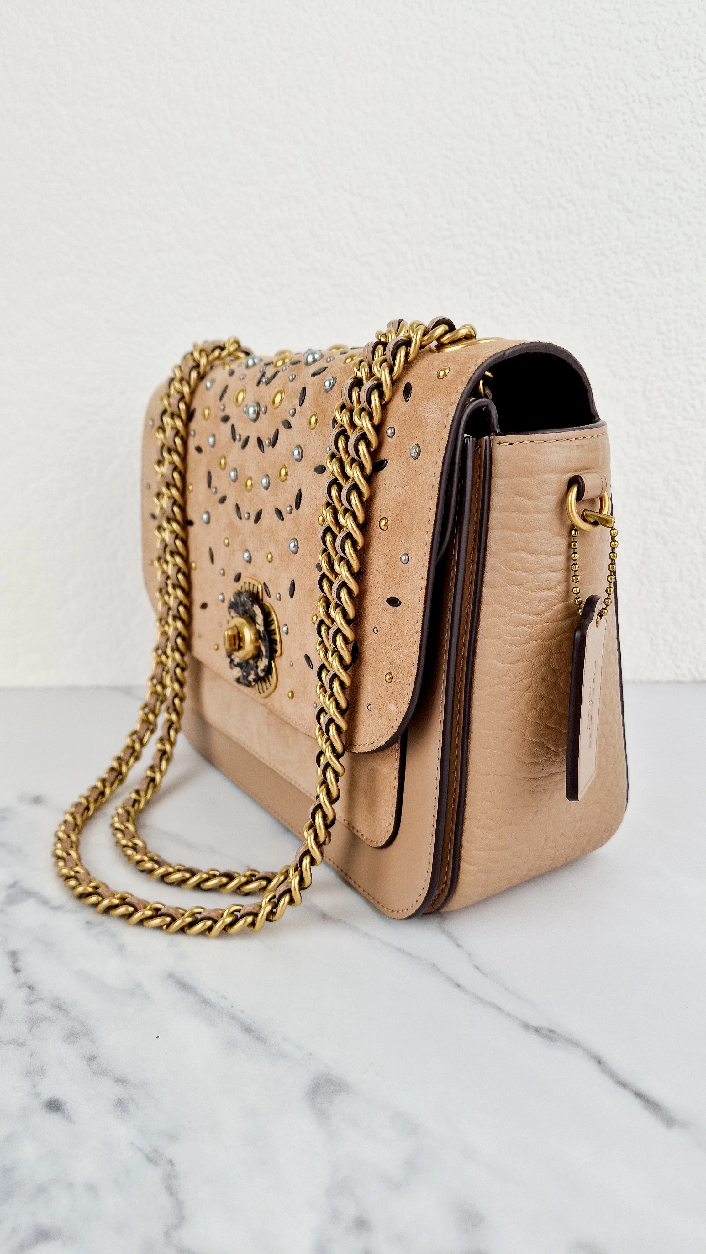 RARE Coach Madison Sample Bag in Tan Leather & Suede with Rivets & Snakeskin Tea Rose Turnlock - Shoulder Bag Crossbody - Image 8