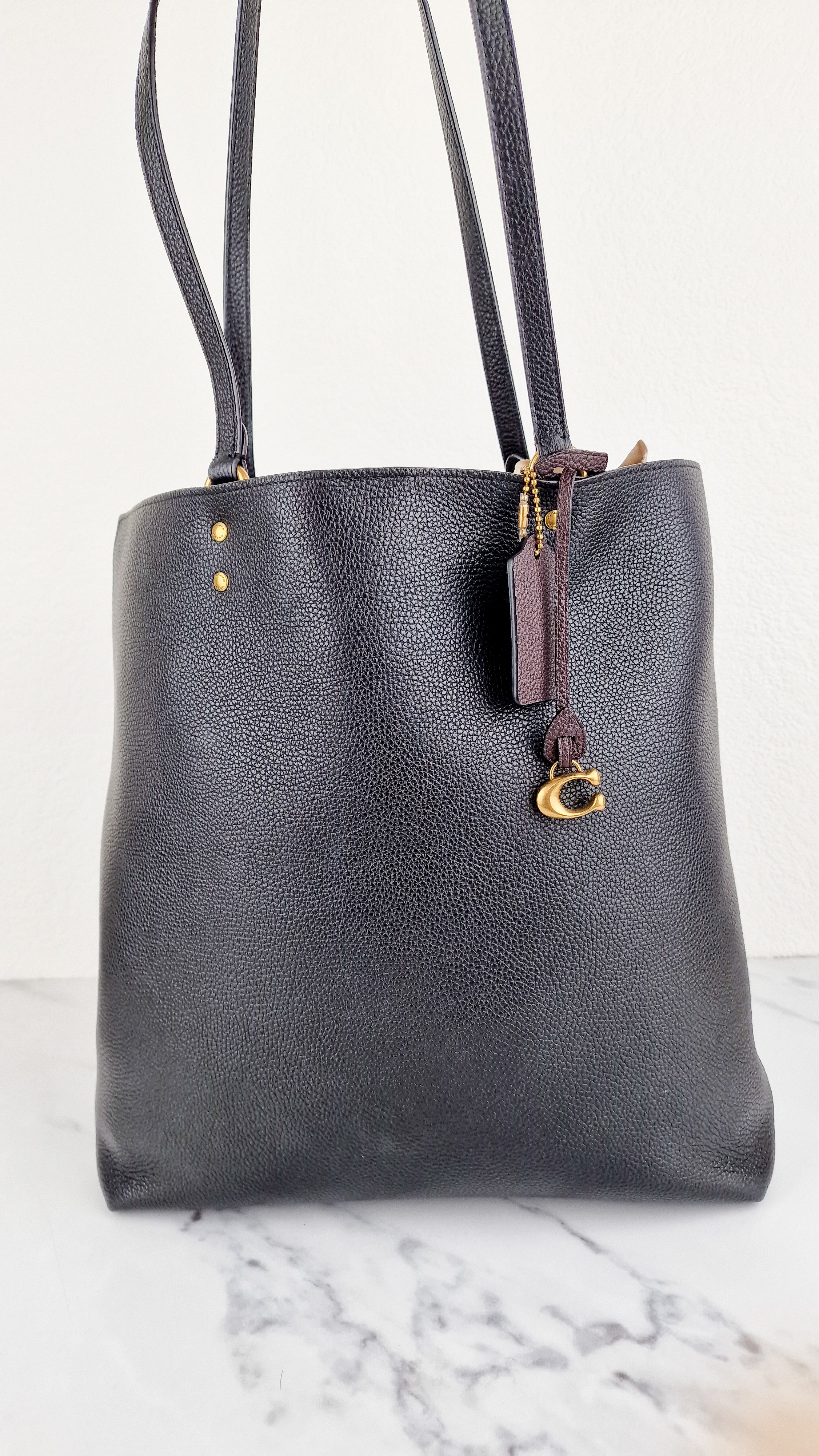 Coach Plaza Tote Bag in Black Pebble Leather with Brass Hardware & Coach C Charm - Coach 88341
