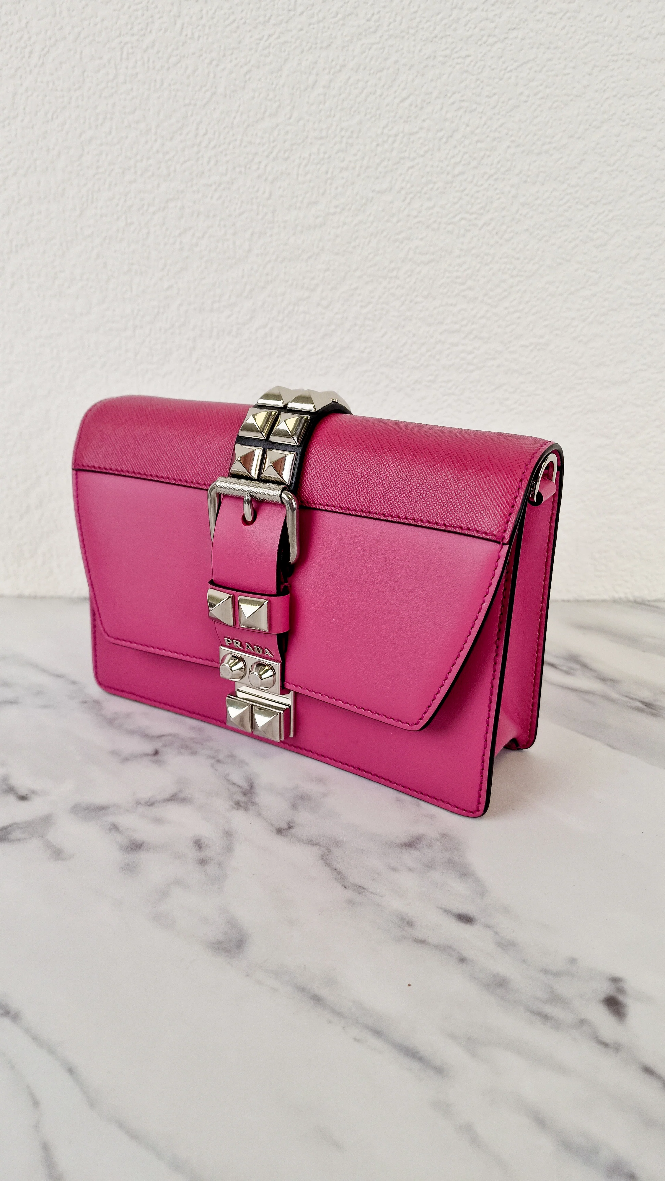 Prada Elektra Crossbody Shoulder Bag in Pink Saffiano Leather & Smooth Leather With Studs - Clutch Rivets Flap Bag - Prada 1BD121 - Image 3