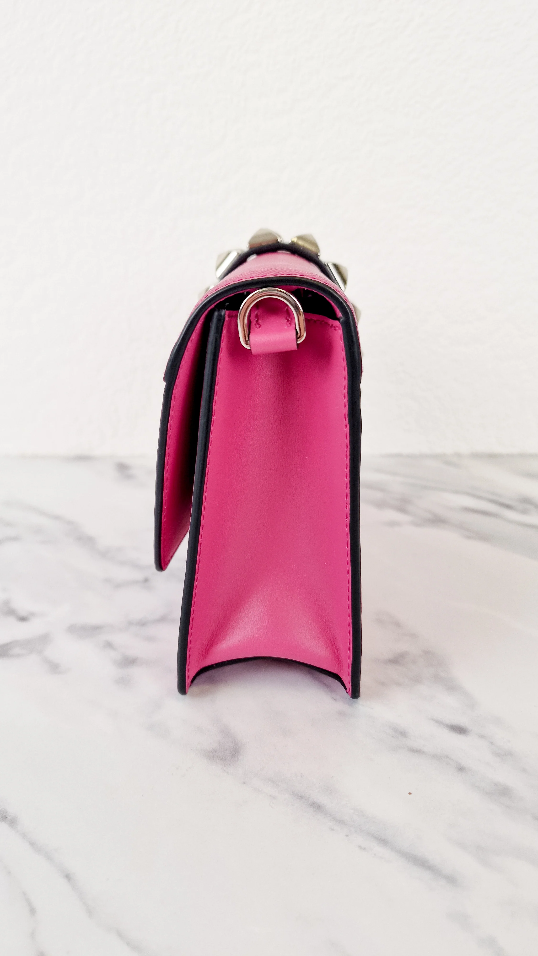 Prada Elektra Crossbody Shoulder Bag in Pink Saffiano Leather & Smooth Leather With Studs - Clutch Rivets Flap Bag - Prada 1BD121 - Image 4