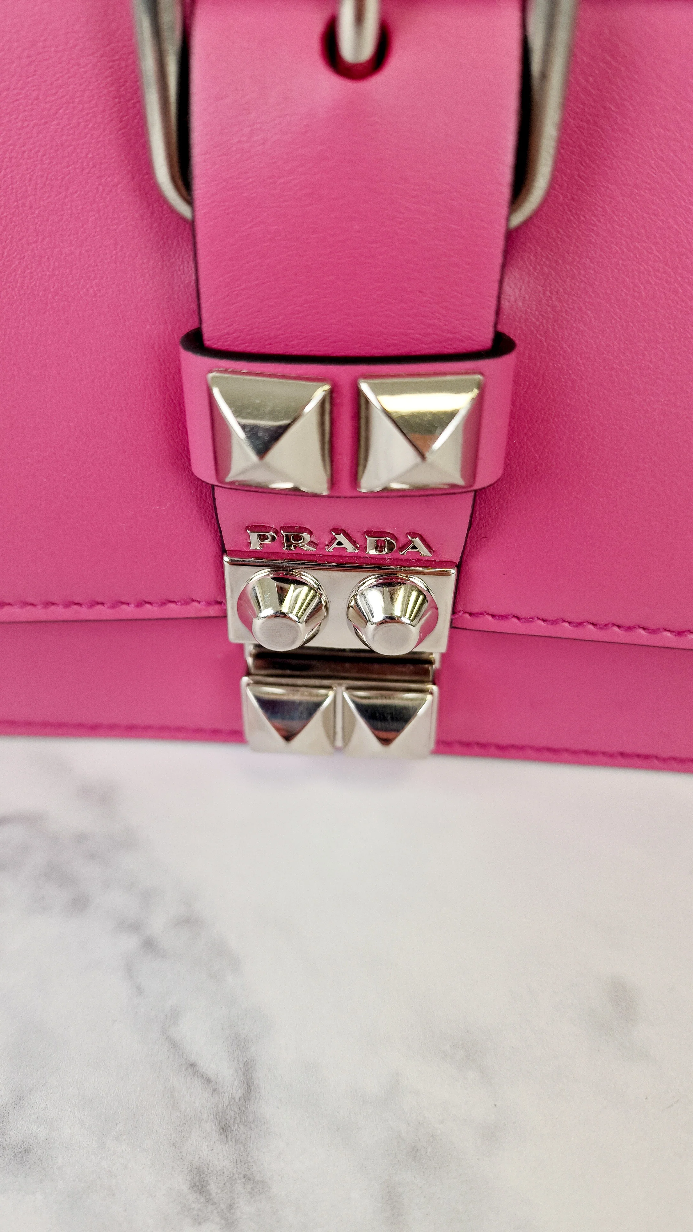Prada Elektra Crossbody Shoulder Bag in Pink Saffiano Leather & Smooth Leather With Studs - Clutch Rivets Flap Bag - Prada 1BD121 - Image 9