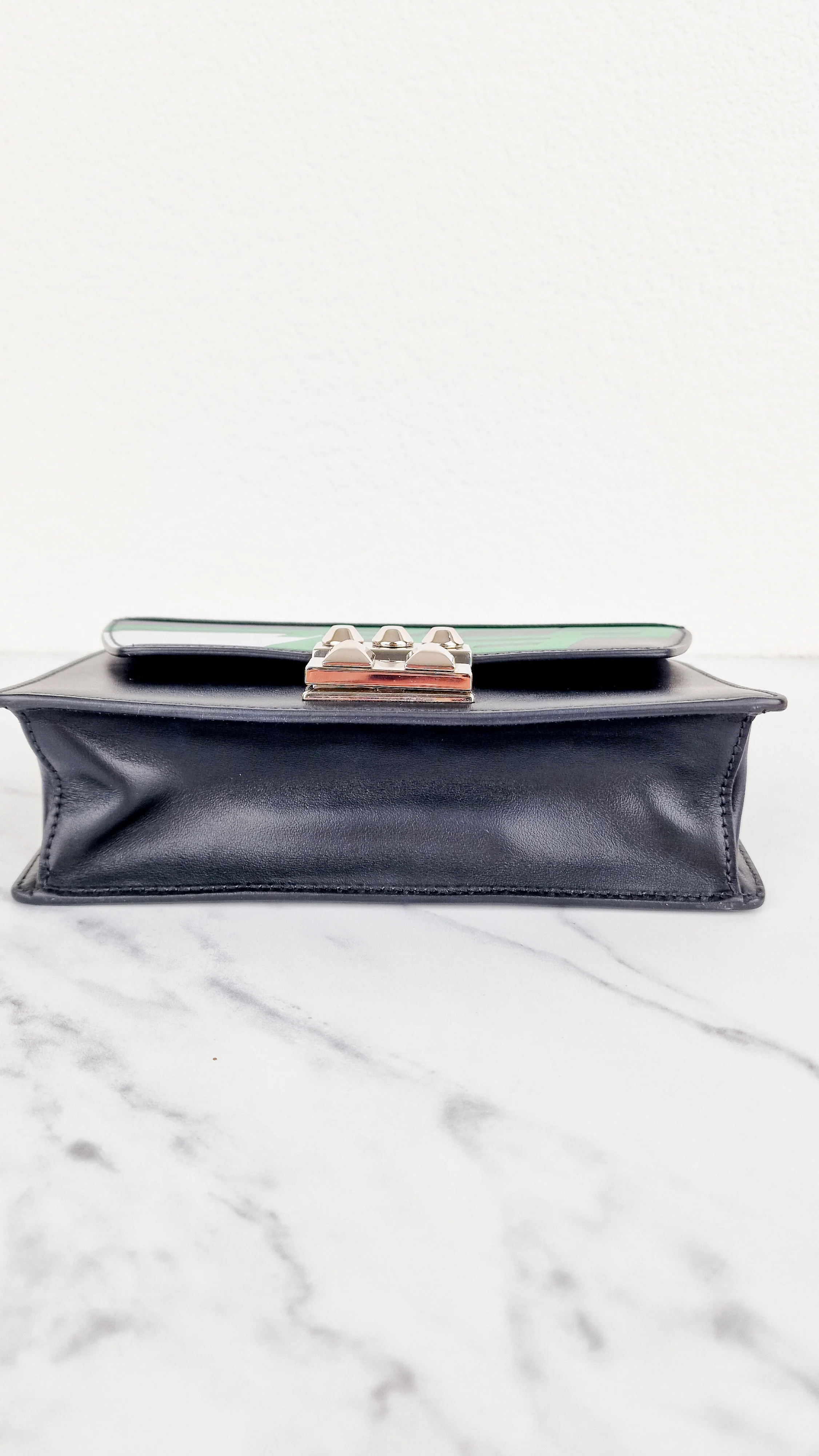 Prada Elektra Crossbody Bag in Black City Calfskin & Saffiano Leather with Green Racing Logo Prada 1BD121 Nero Verde - Image 13