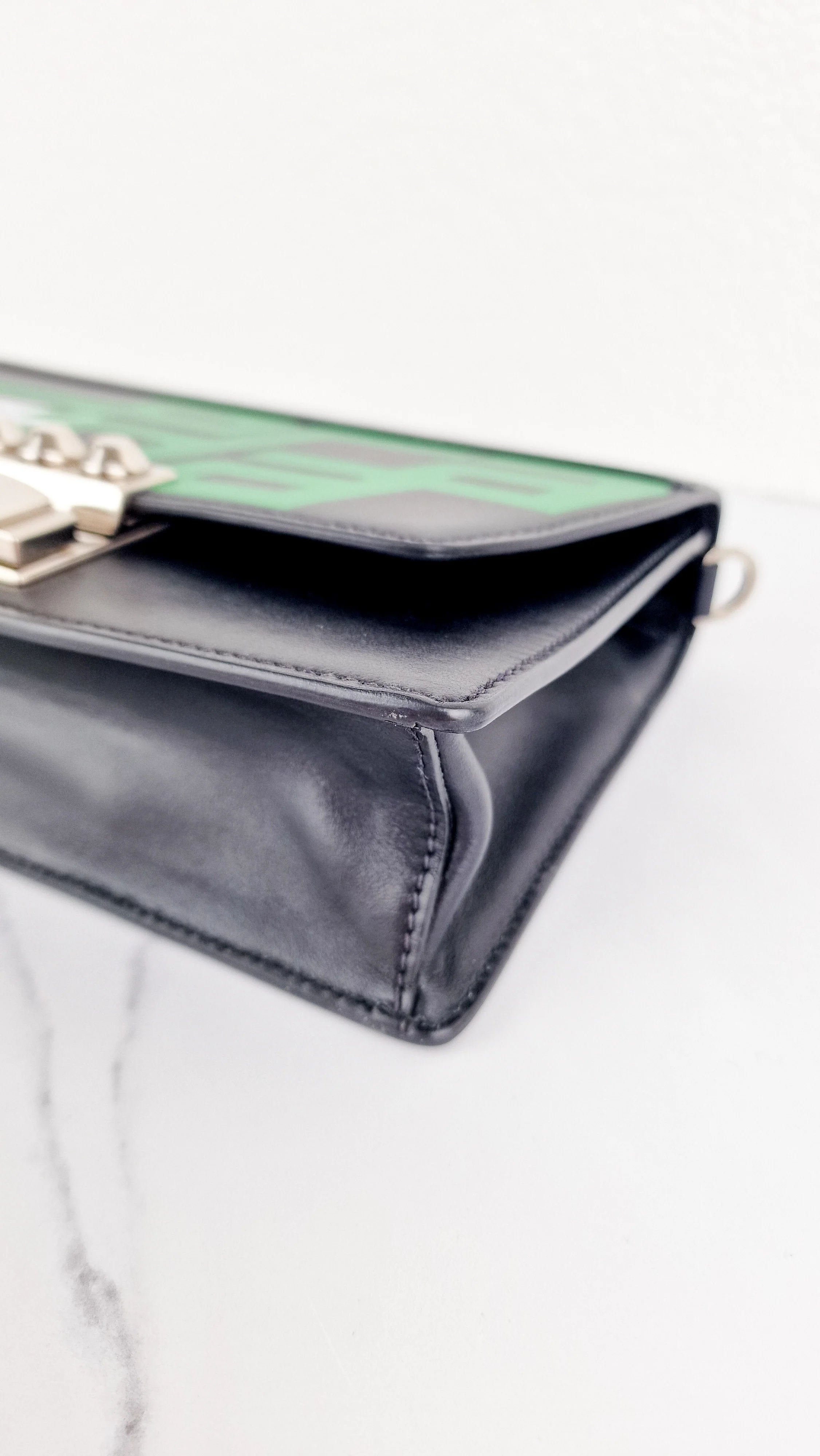 Prada Elektra Crossbody Bag in Black City Calfskin & Saffiano Leather with Green Racing Logo Prada 1BD121 Nero Verde - Image 14