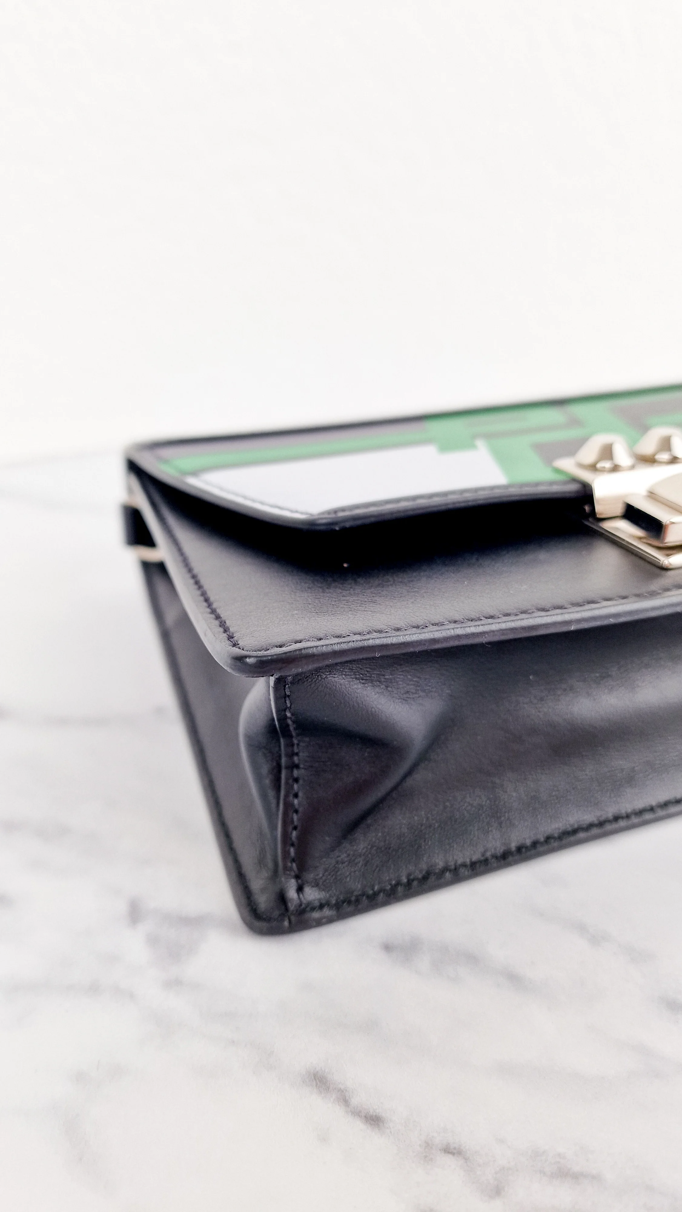 Prada Elektra Crossbody Bag in Black City Calfskin & Saffiano Leather with Green Racing Logo Prada 1BD121 Nero Verde - Image 15