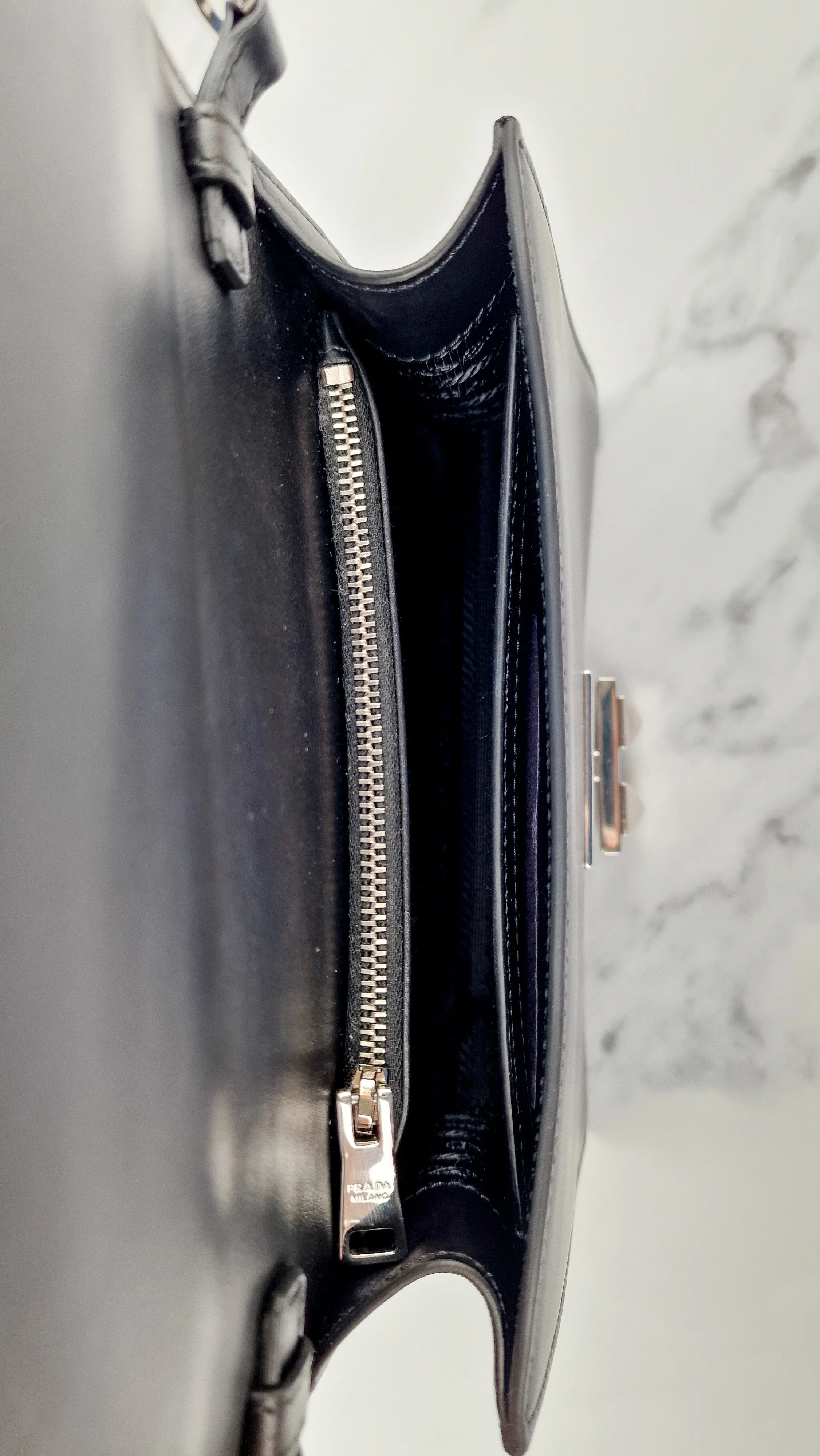 Prada Elektra Crossbody Bag in Black City Calfskin & Saffiano Leather with Green Racing Logo Prada 1BD121 Nero Verde - Image 17