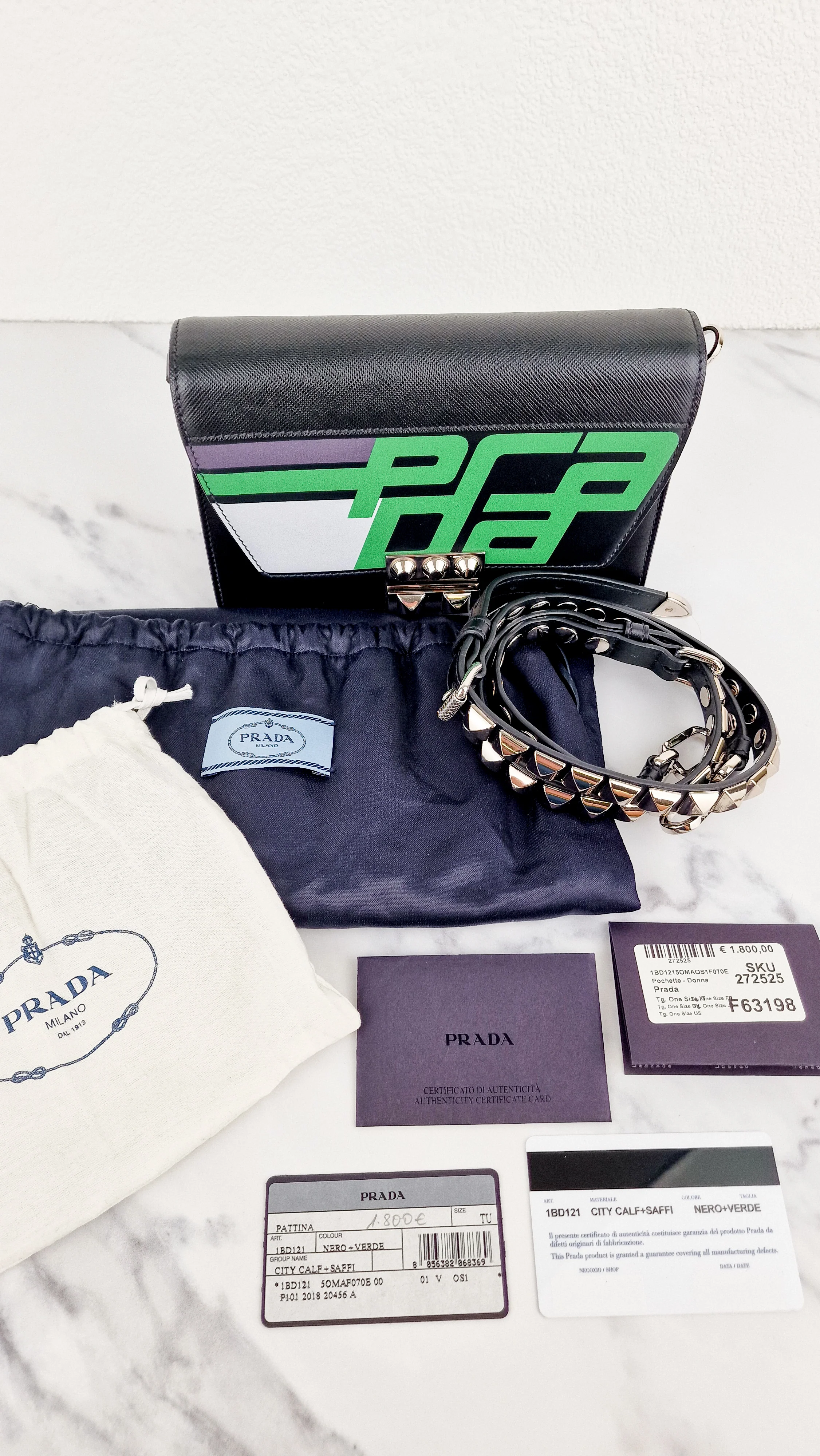 Prada Elektra Crossbody Bag in Black City Calfskin & Saffiano Leather with Green Racing Logo Prada 1BD121 Nero Verde - Image 22