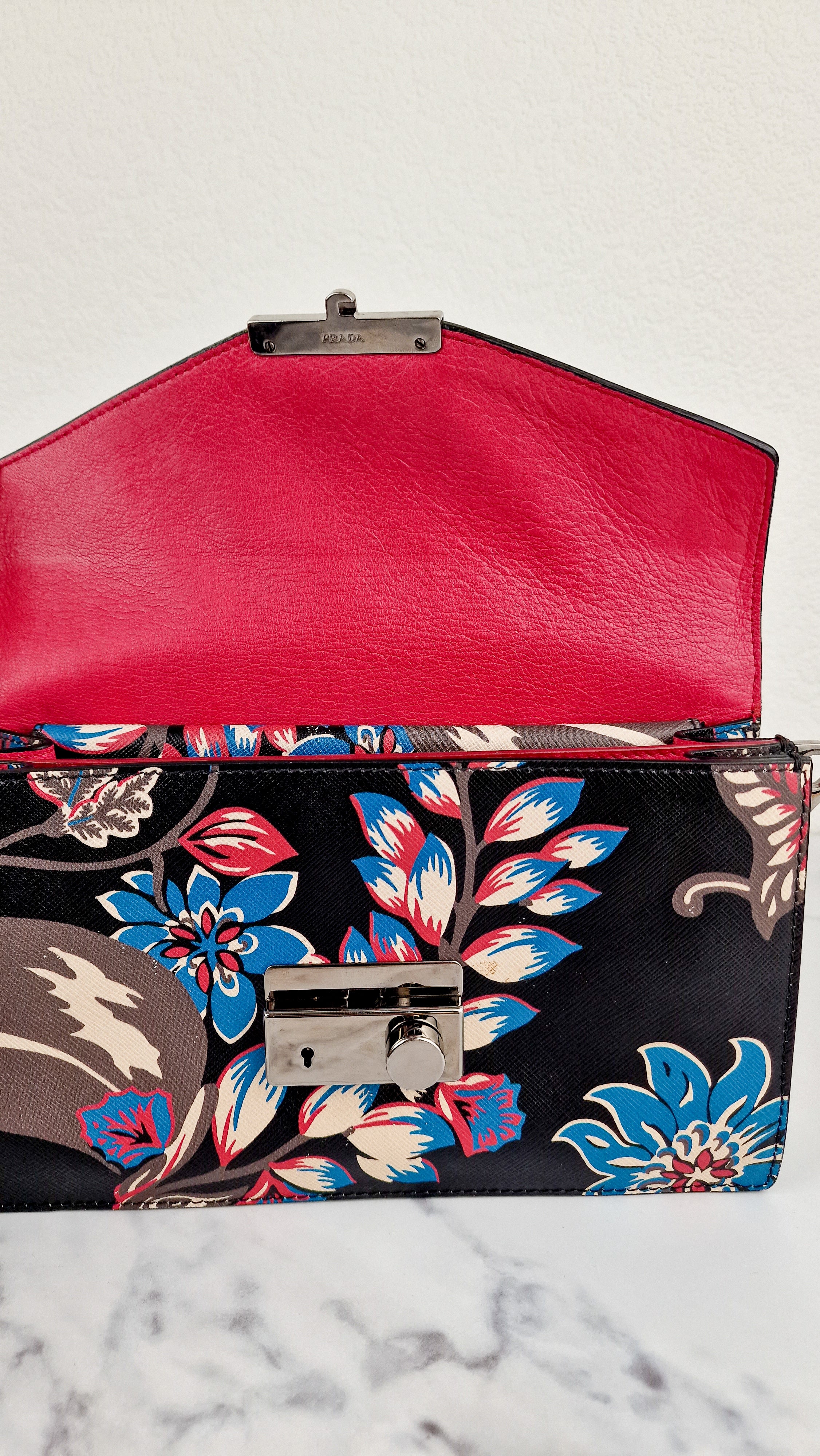 Prada Sound Bag with Floral Print - Black Saffiano Leather with Blue & Red Flowers - Handbag Shoulder Bag Prada BN924K - Image 16