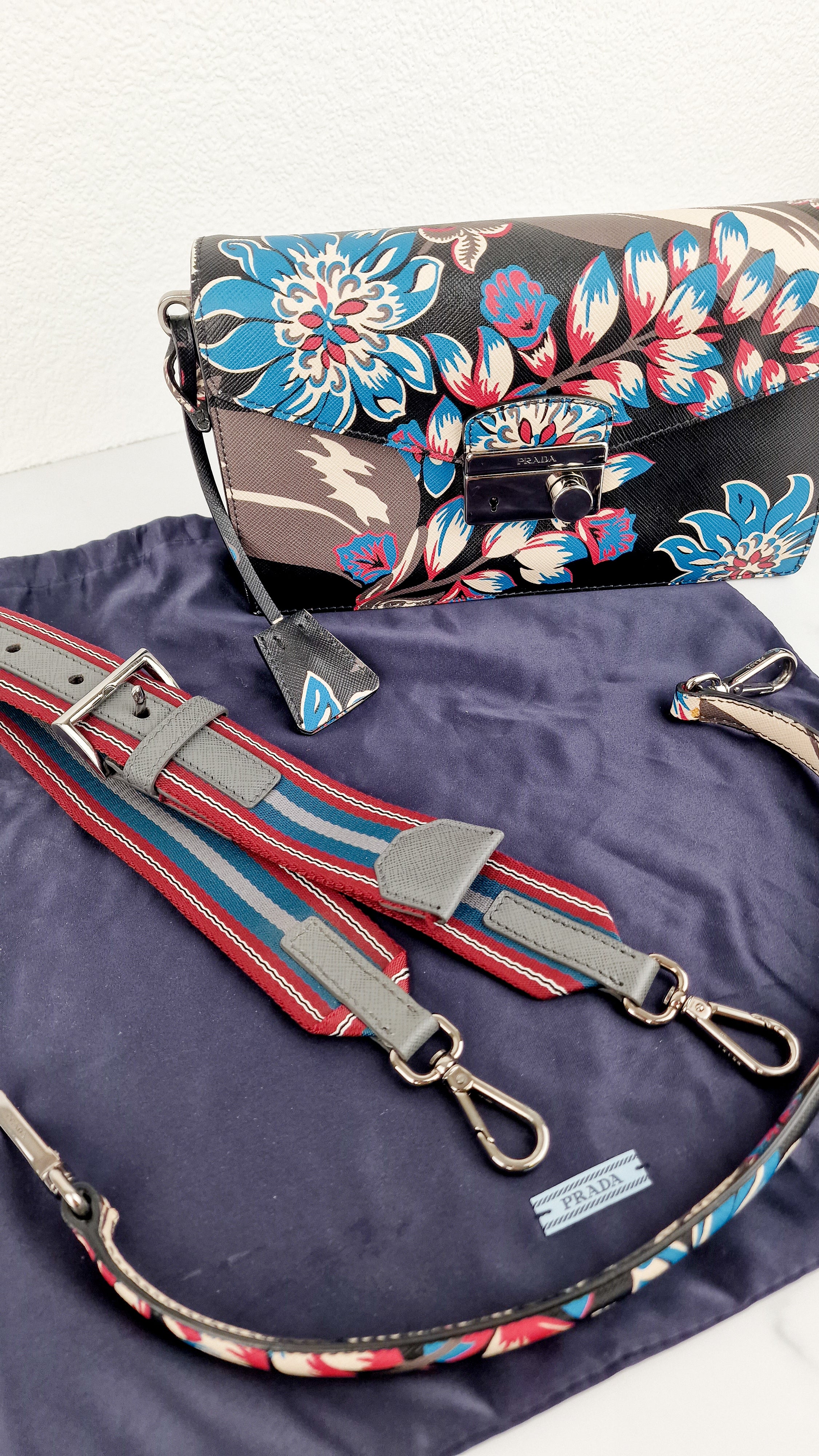 Prada Sound Bag with Floral Print - Black Saffiano Leather with Blue & Red Flowers - Handbag Shoulder Bag Prada BN924K - Image 23