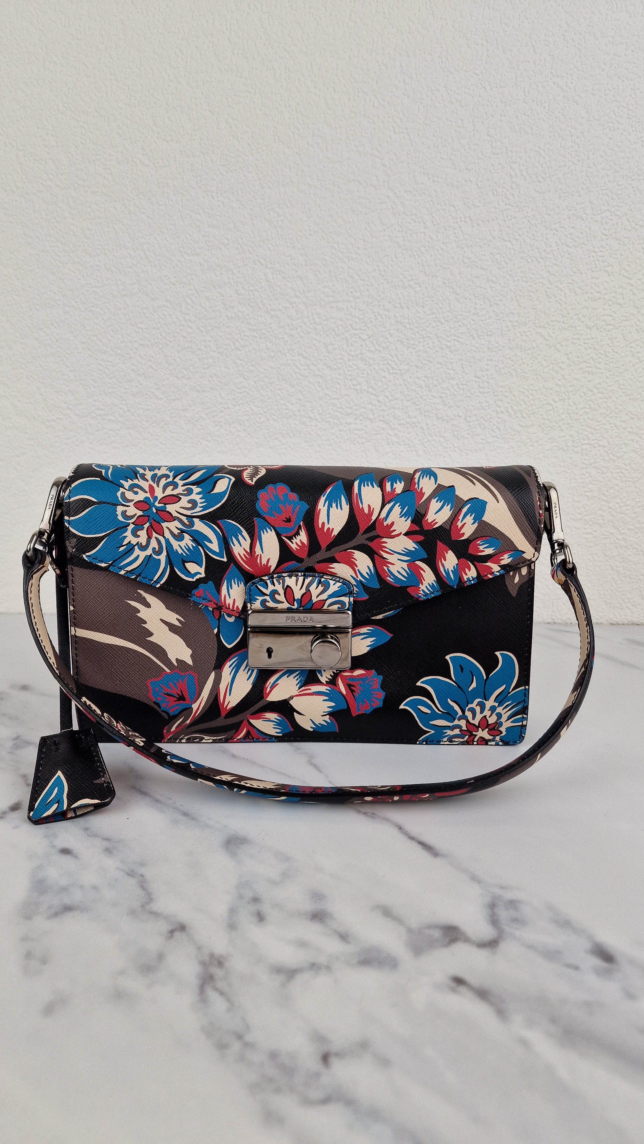 Prada Sound Bag with Floral Print - Black Saffiano Leather with Blue & Red Flowers - Handbag Shoulder Bag Prada BN924K - Image 3