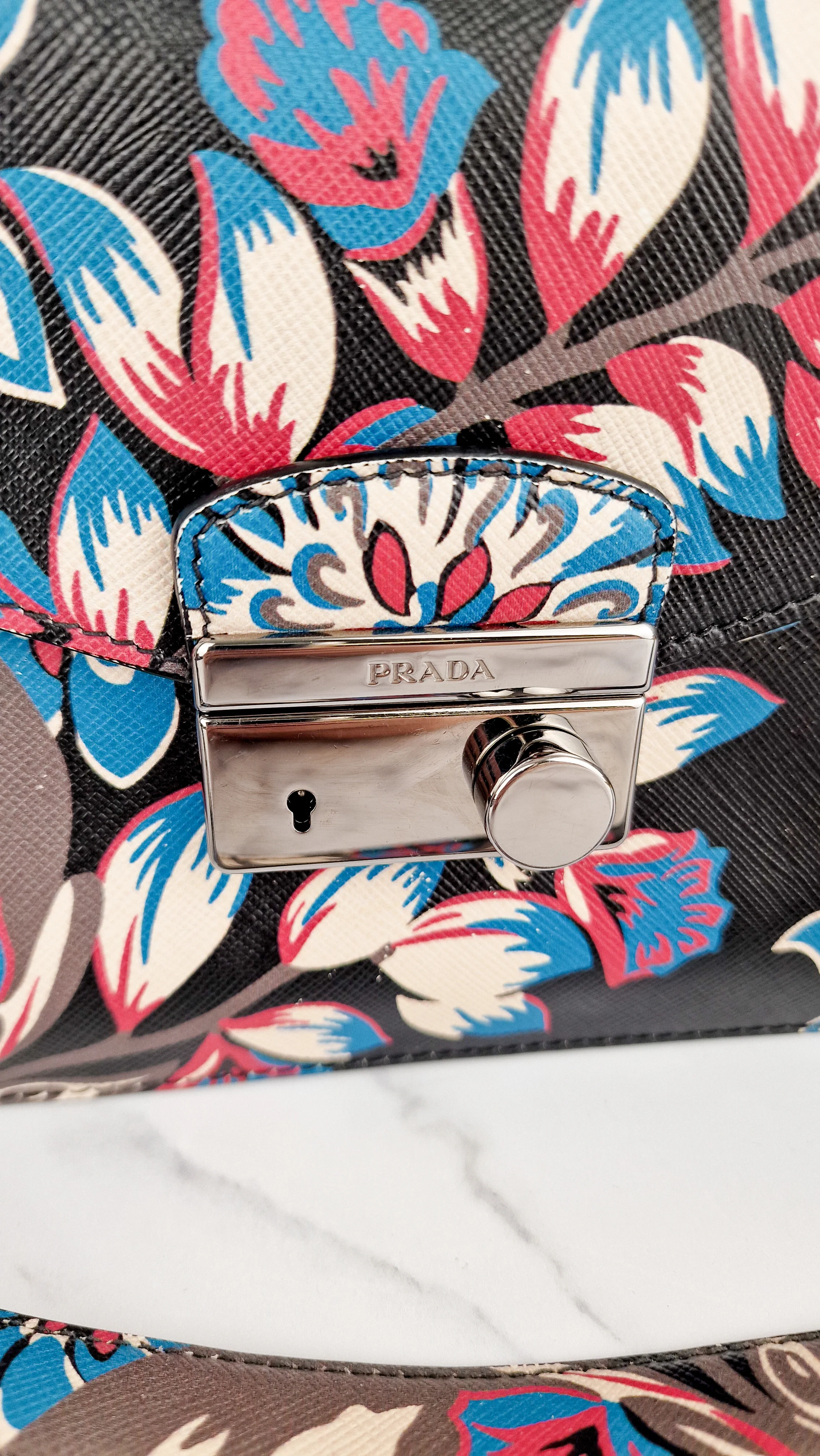 Prada Sound Bag with Floral Print - Black Saffiano Leather with Blue & Red Flowers - Handbag Shoulder Bag Prada BN924K - Image 4