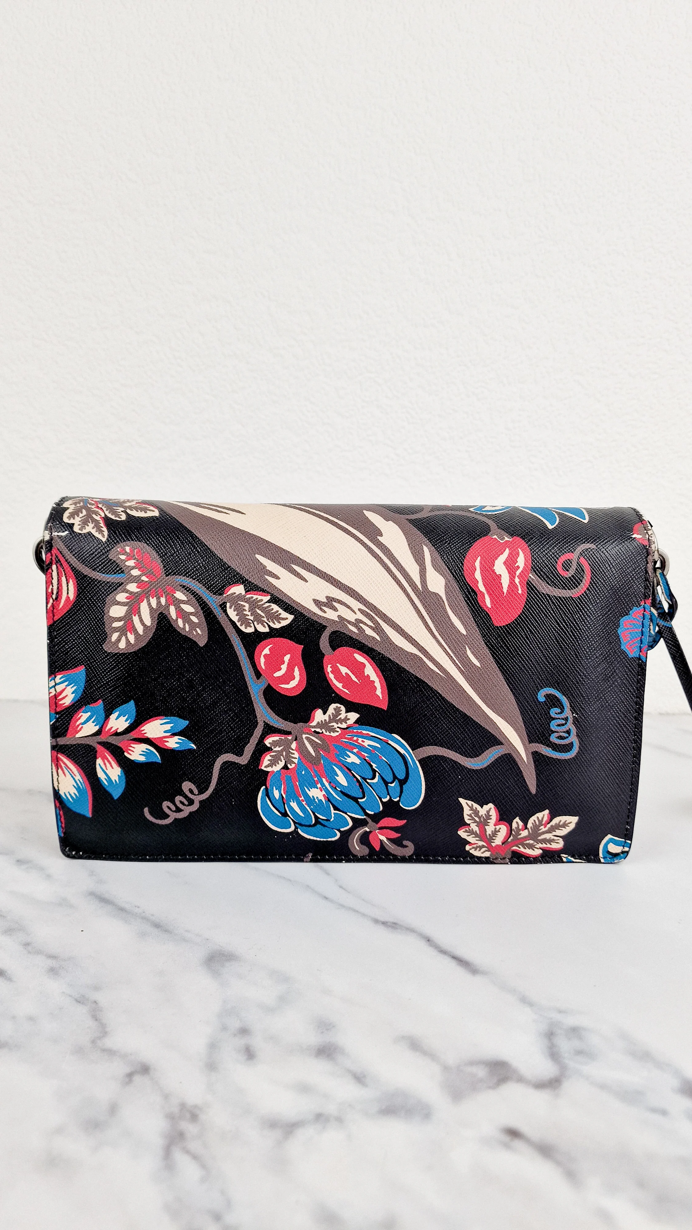 Prada Sound Bag with Floral Print - Black Saffiano Leather with Blue & Red Flowers - Handbag Shoulder Bag Prada BN924K - Image 5