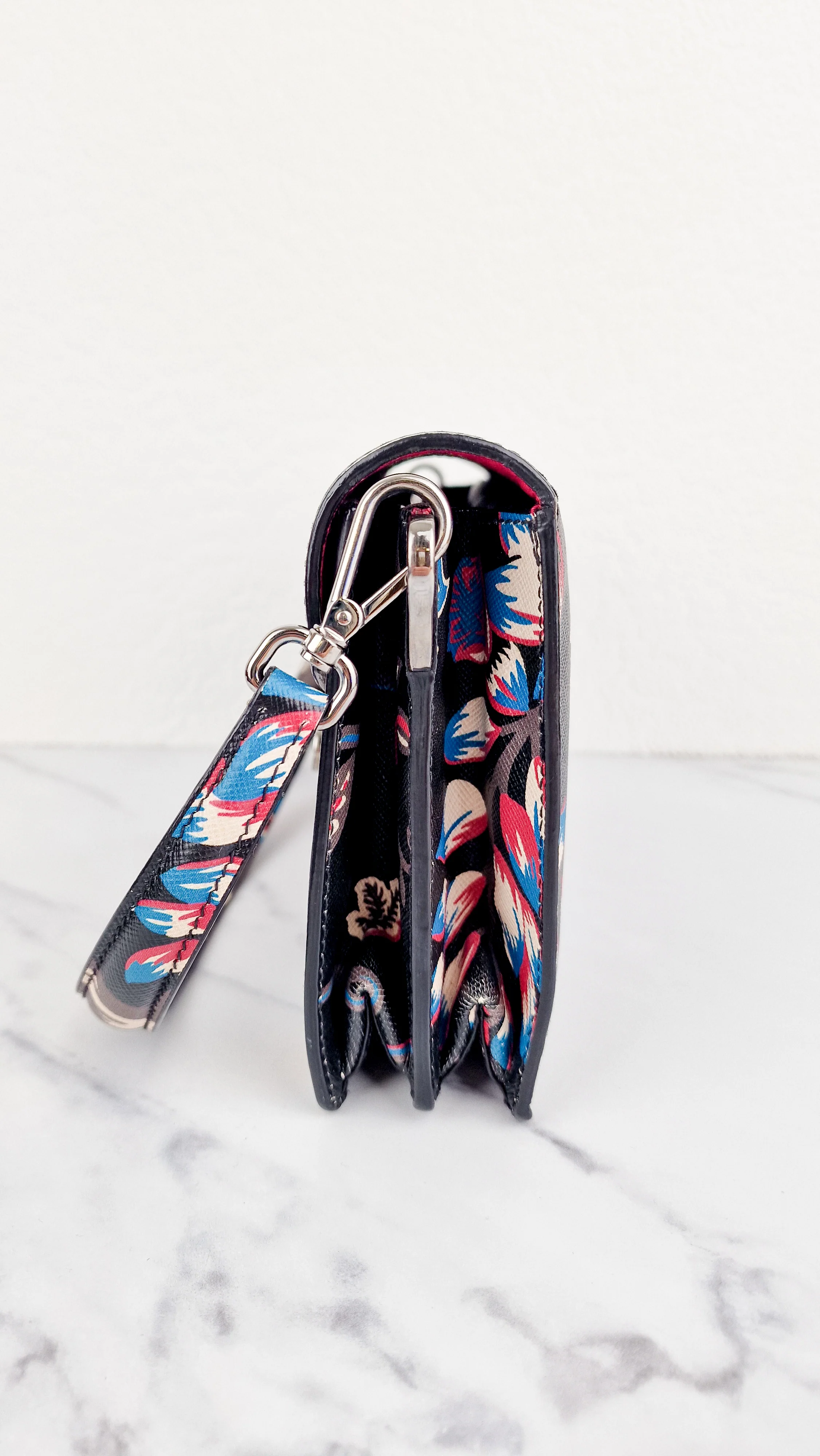 Prada Sound Bag with Floral Print - Black Saffiano Leather with Blue & Red Flowers - Handbag Shoulder Bag Prada BN924K - Image 6