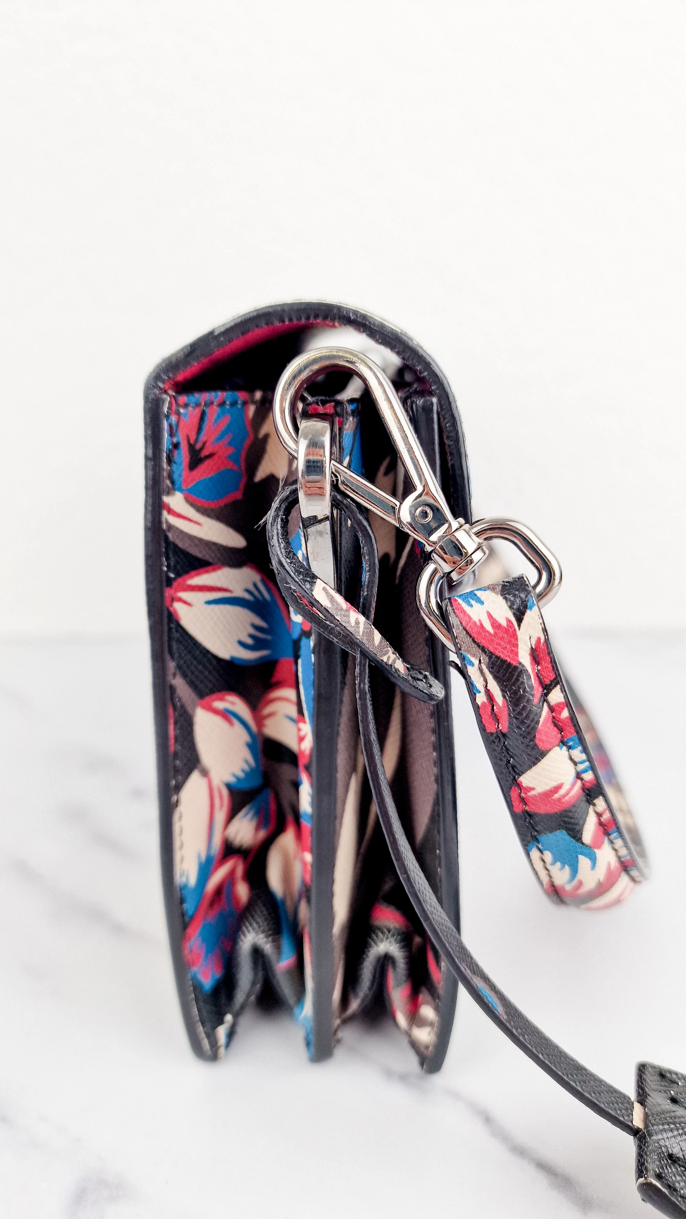 Prada Sound Bag with Floral Print - Black Saffiano Leather with Blue & Red Flowers - Handbag Shoulder Bag Prada BN924K - Image 7