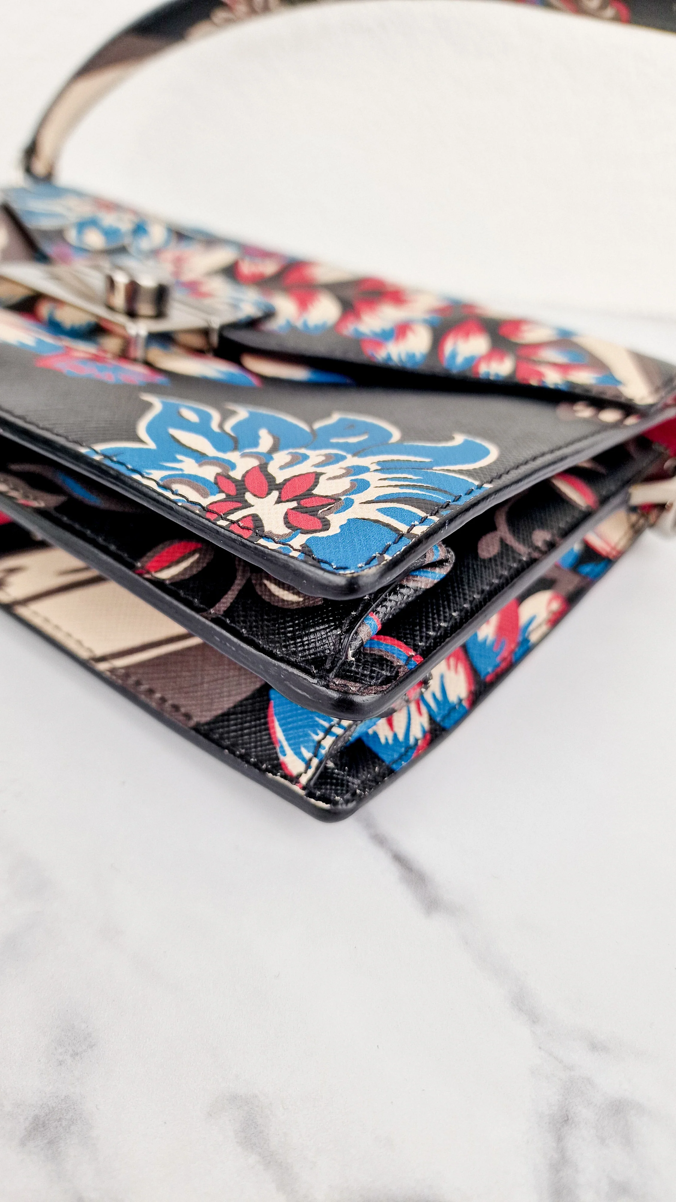 Prada Sound Bag with Floral Print - Black Saffiano Leather with Blue & Red Flowers - Handbag Shoulder Bag Prada BN924K - Image 8