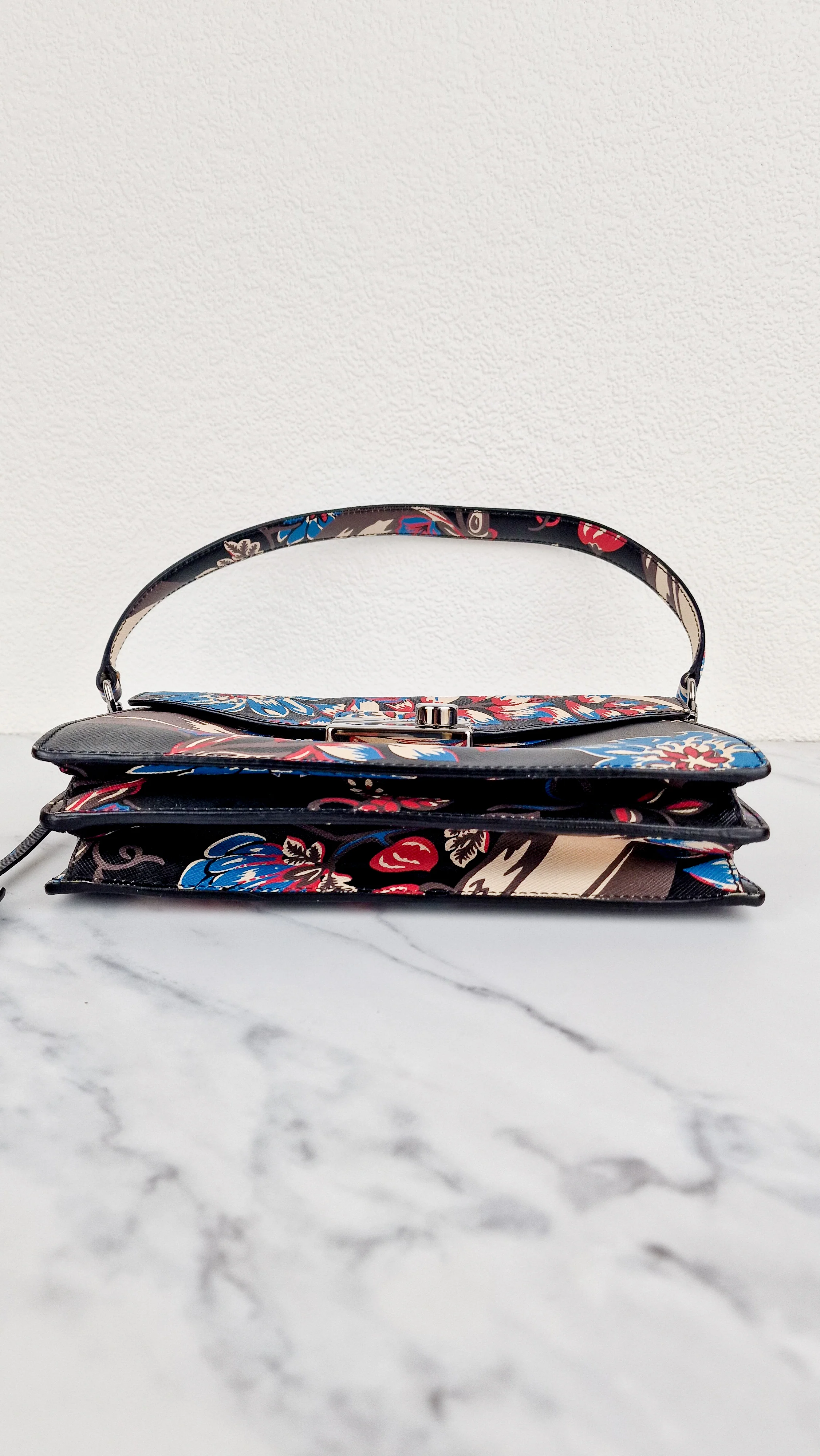 Prada Sound Bag with Floral Print - Black Saffiano Leather with Blue & Red Flowers - Handbag Shoulder Bag Prada BN924K - Image 9