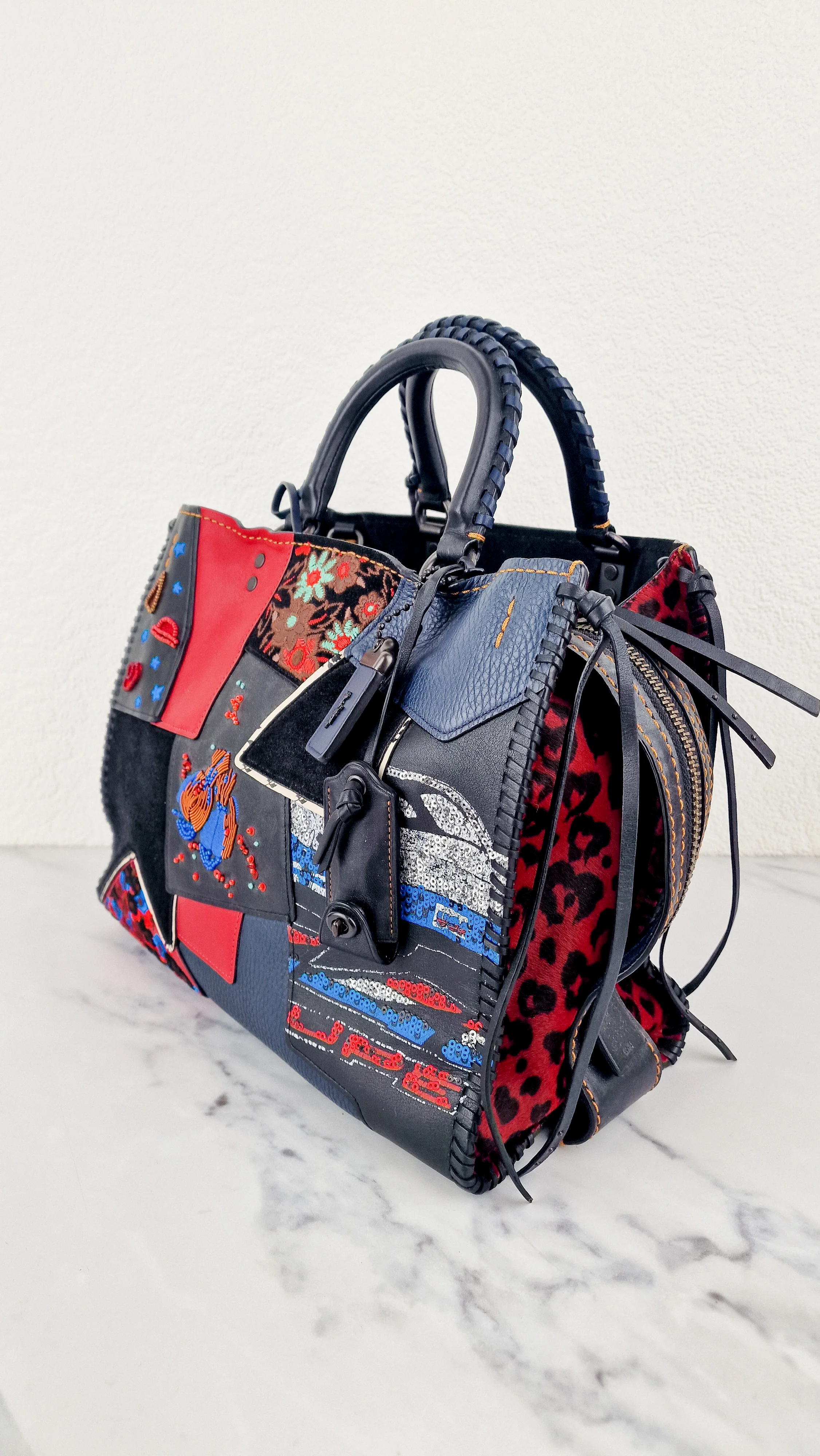 RARE Coach 1941 Rogue 31 in Embellished Patchwork in Mixed Materials Black Leather Suede Colorblock Blue & Red Handbag - Coach 58159 - Image 11