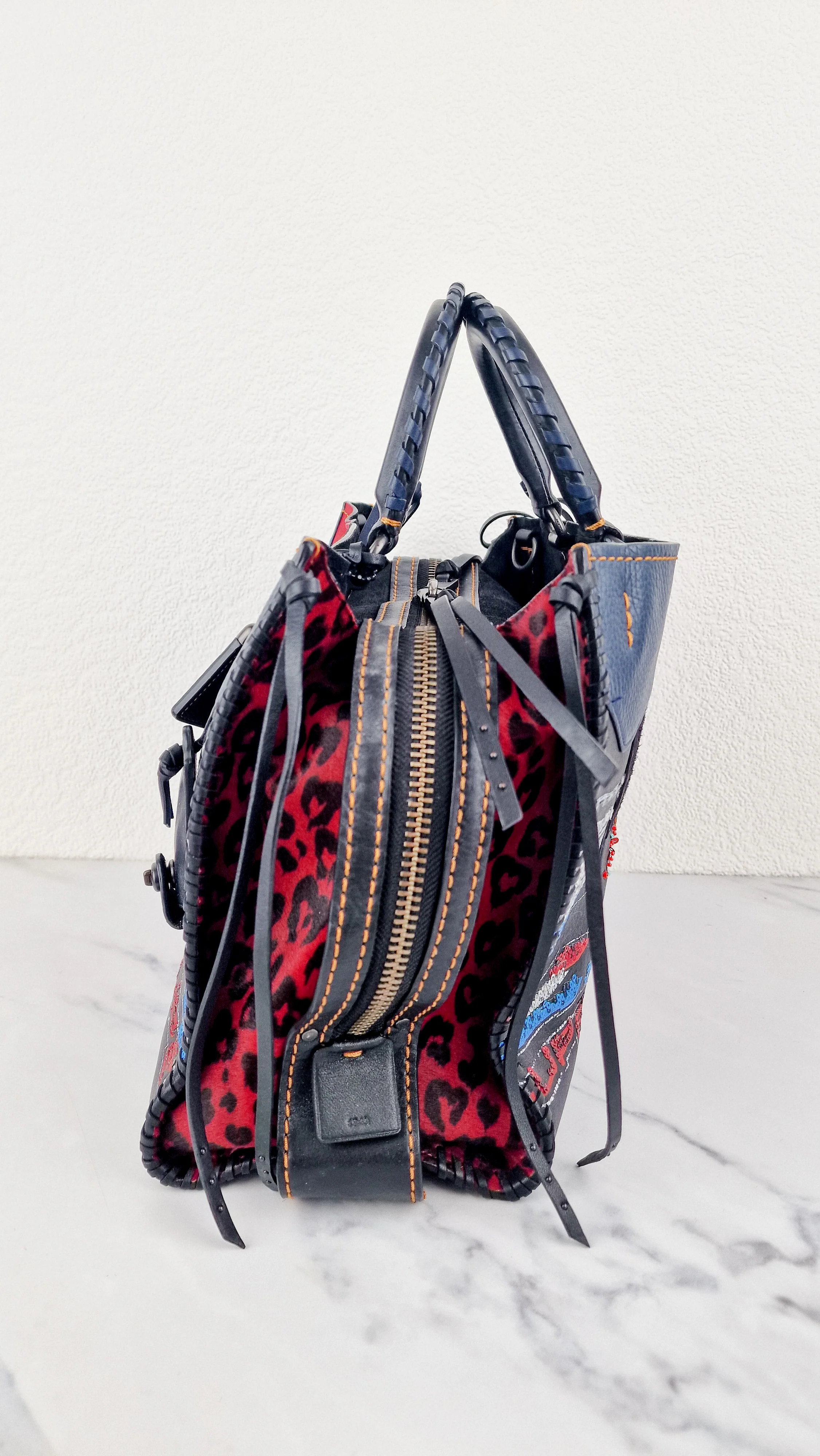 RARE Coach 1941 Rogue 31 in Embellished Patchwork in Mixed Materials Black Leather Suede Colorblock Blue & Red Handbag - Coach 58159 - Image 12