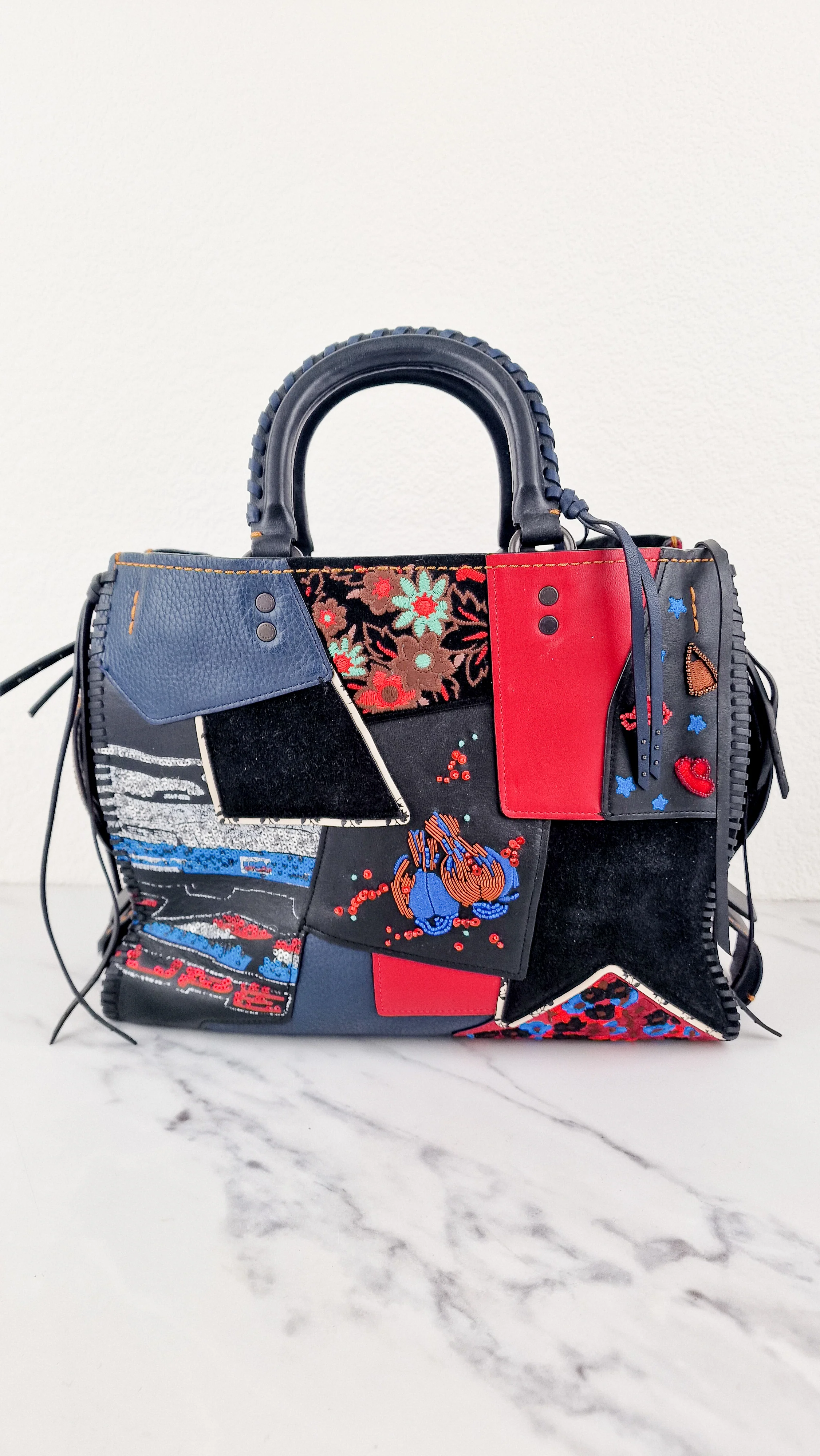 RARE Coach 1941 Rogue 31 in Embellished Patchwork in Mixed Materials Black Leather Suede Colorblock Blue & Red Handbag - Coach 58159 - Image 14