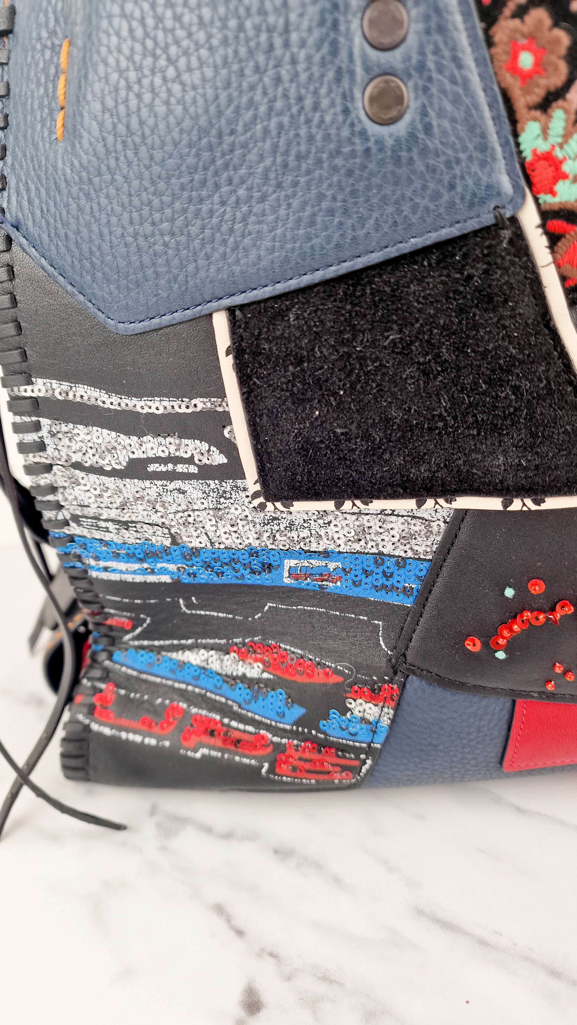 RARE Coach 1941 Rogue 31 in Embellished Patchwork in Mixed Materials Black Leather Suede Colorblock Blue & Red Handbag - Coach 58159 - Image 15