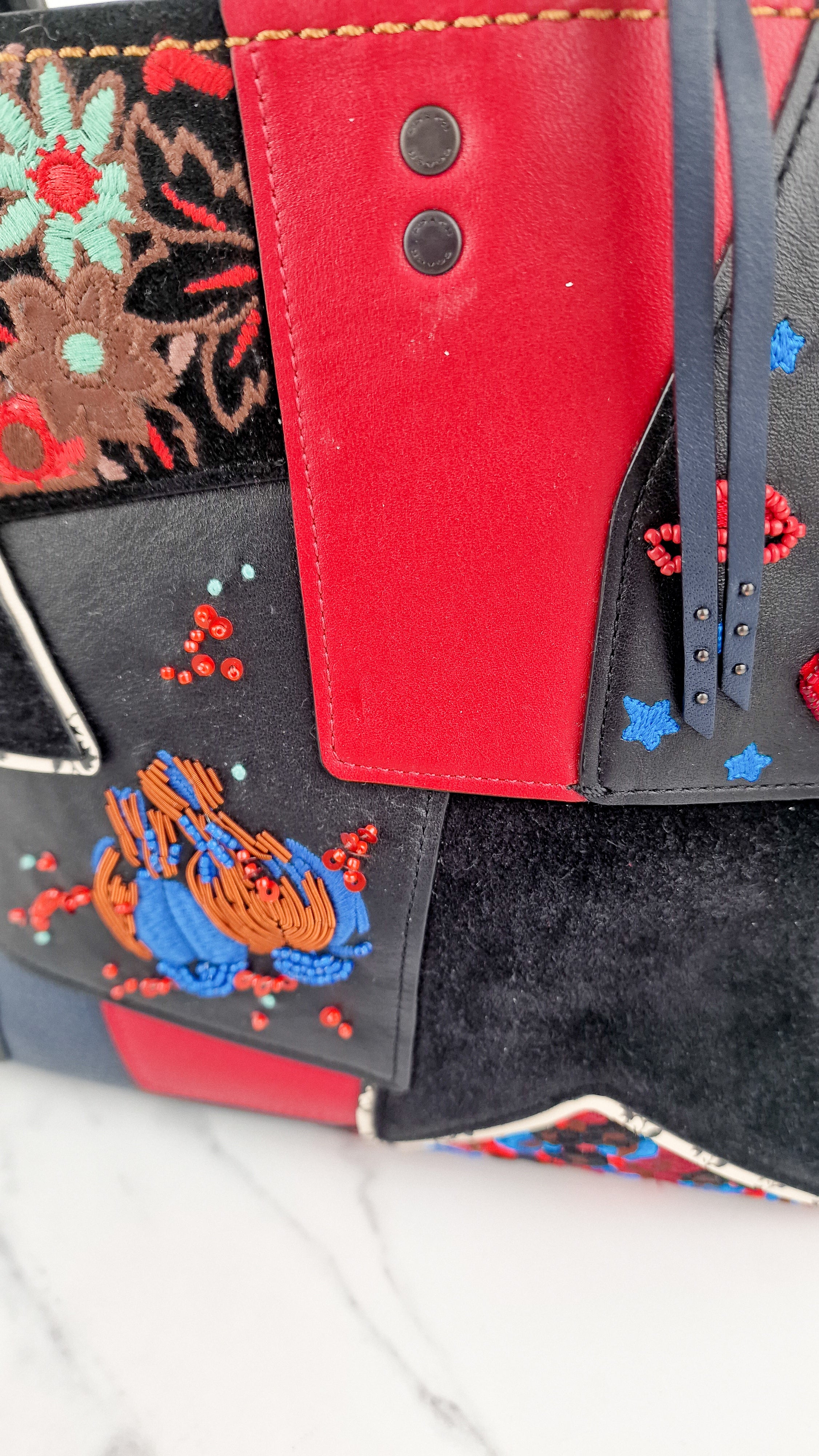 RARE Coach 1941 Rogue 31 in Embellished Patchwork in Mixed Materials Black Leather Suede Colorblock Blue & Red Handbag - Coach 58159 - Image 16