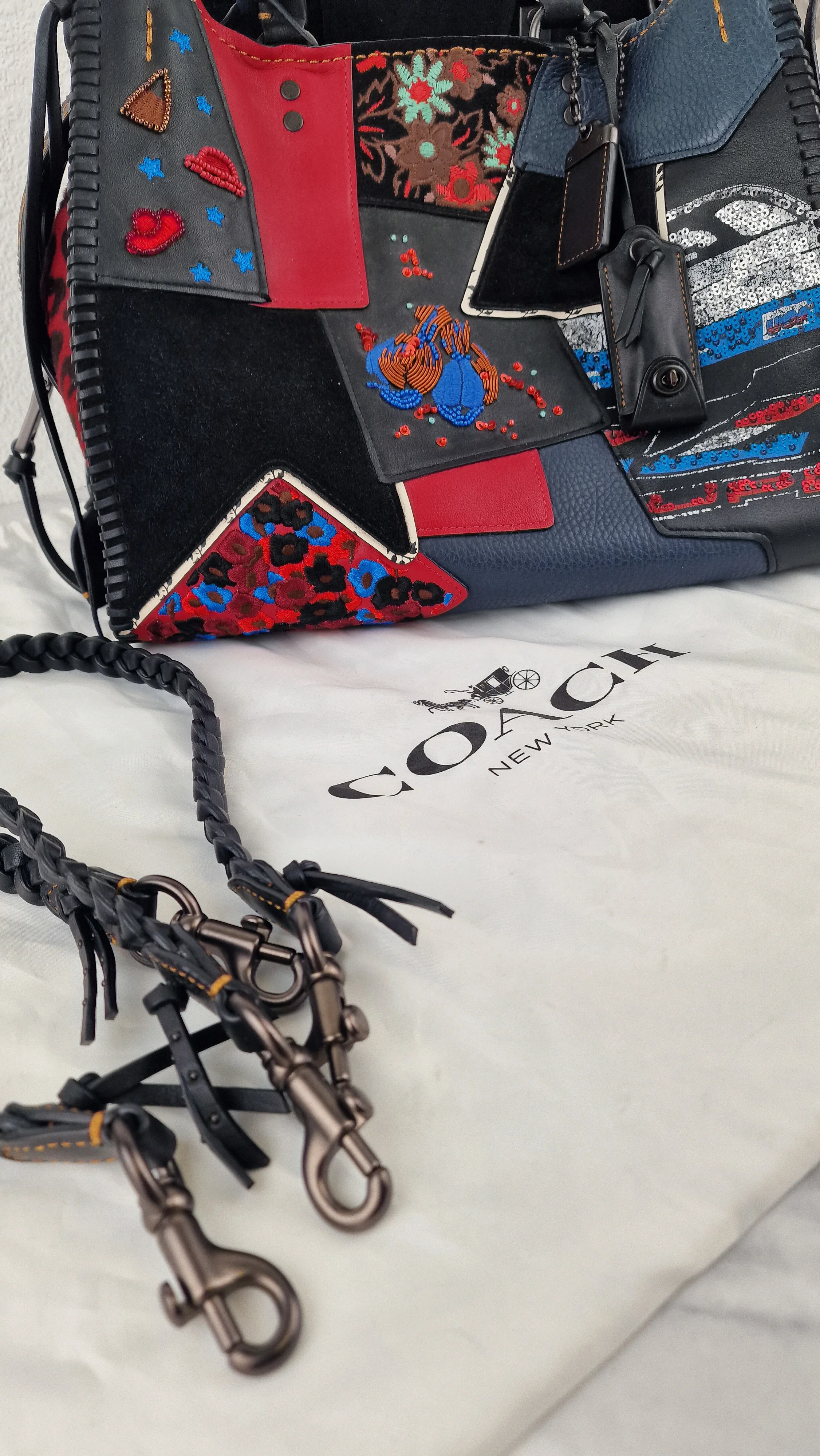 RARE Coach 1941 Rogue 31 in Embellished Patchwork in Mixed Materials Black Leather Suede Colorblock Blue & Red Handbag - Coach 58159 - Image 28