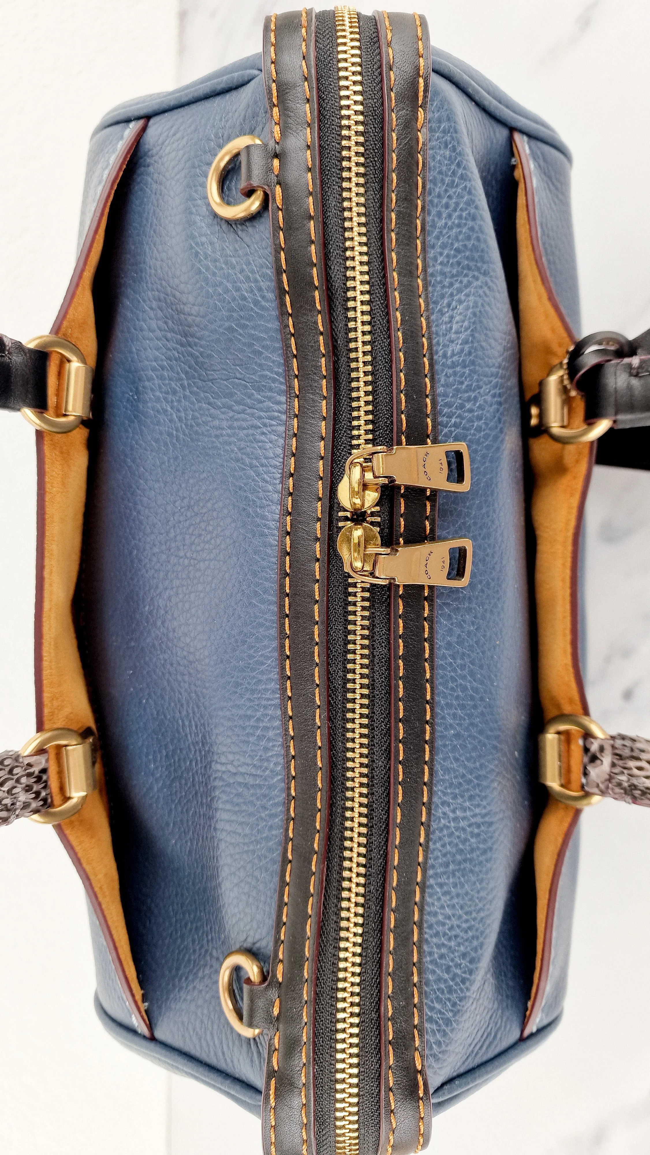 RARE Coach 1941 Rogue Satchel in Dark Denim with Colorblock Patchwork Snakeskin Handles - Barrel Bag - Coach 58690 - Image 18