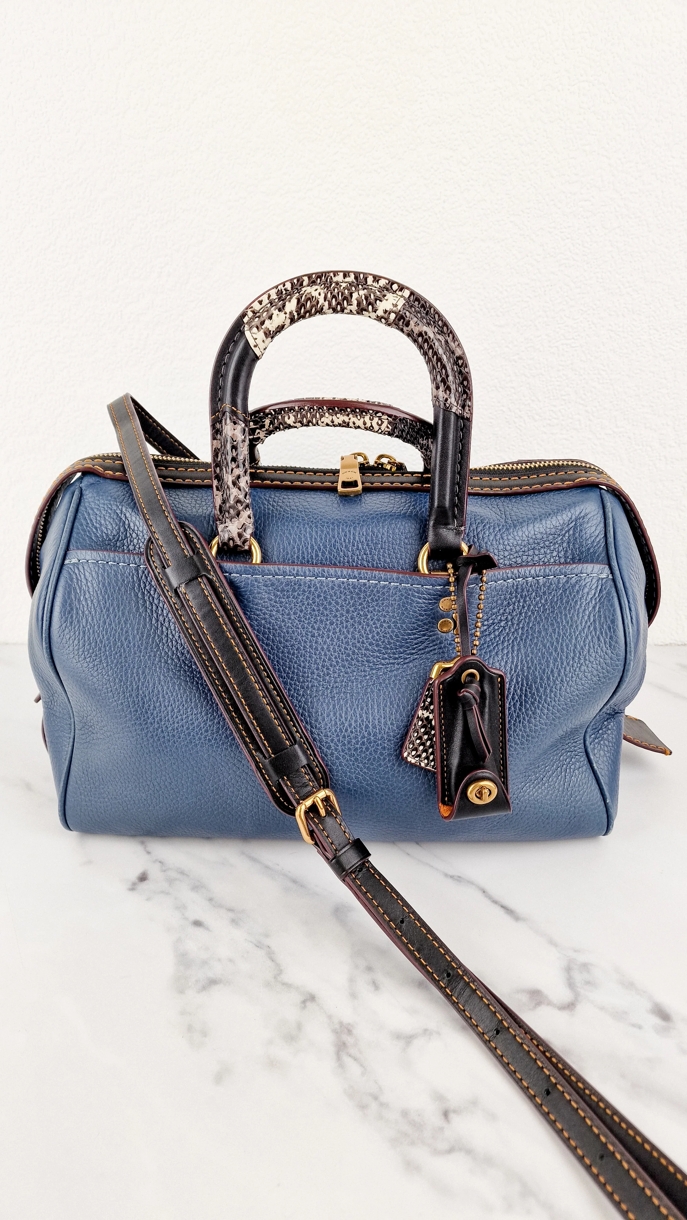 RARE Coach 1941 Rogue Satchel in Dark Denim with Colorblock Patchwork Snakeskin Handles - Barrel Bag - Coach 58690 - Image 2