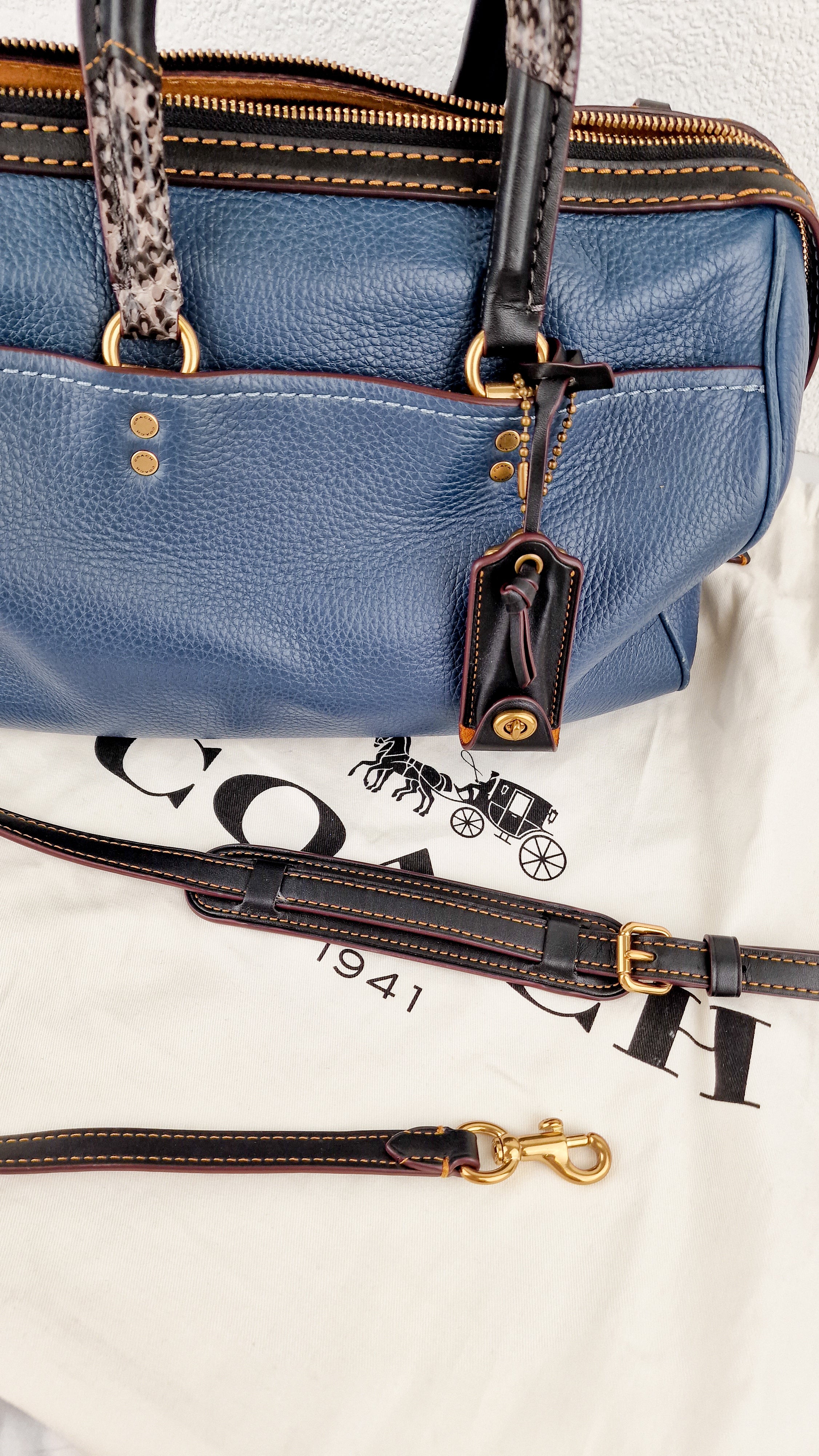 RARE Coach 1941 Rogue Satchel in Dark Denim with Colorblock Patchwork Snakeskin Handles - Barrel Bag - Coach 58690 - Image 23