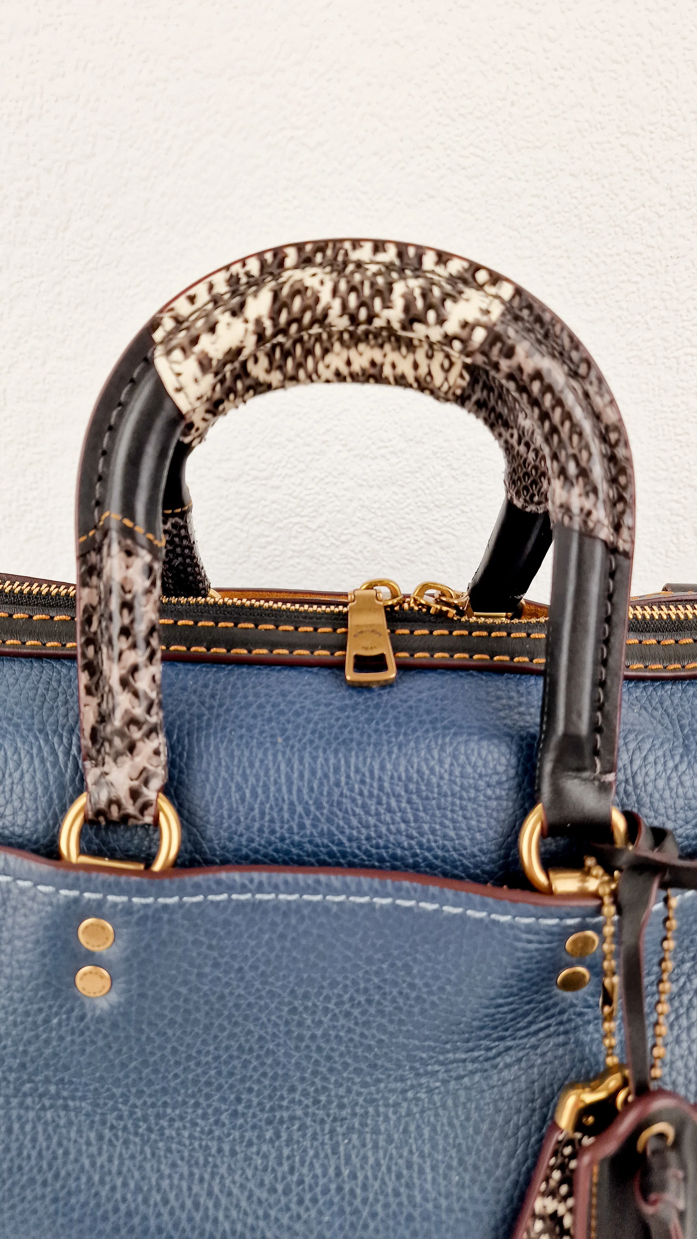 RARE Coach 1941 Rogue Satchel in Dark Denim with Colorblock Patchwork Snakeskin Handles - Barrel Bag - Coach 58690 - Image 4
