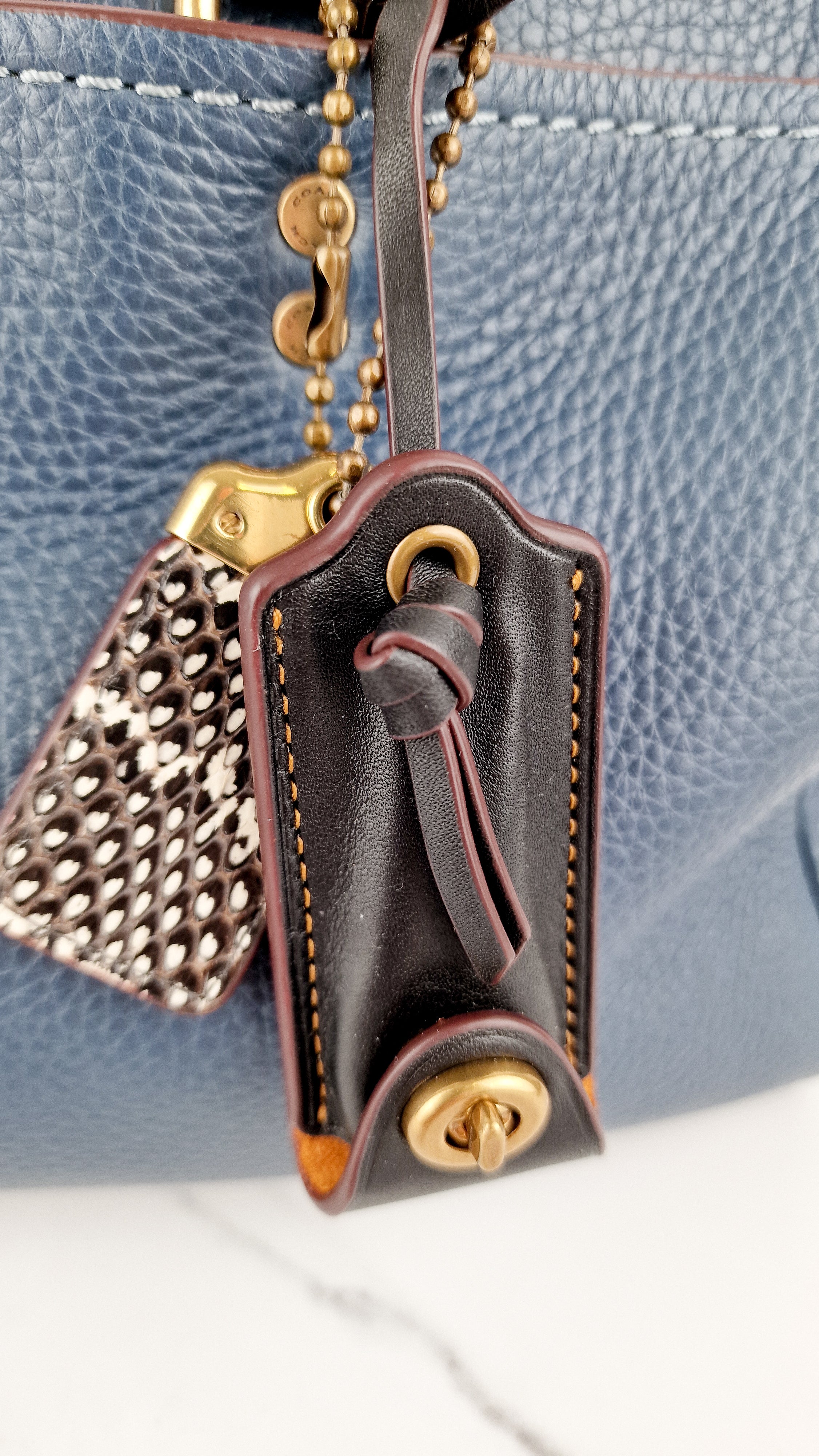 RARE Coach 1941 Rogue Satchel in Dark Denim with Colorblock Patchwork Snakeskin Handles - Barrel Bag - Coach 58690 - Image 5